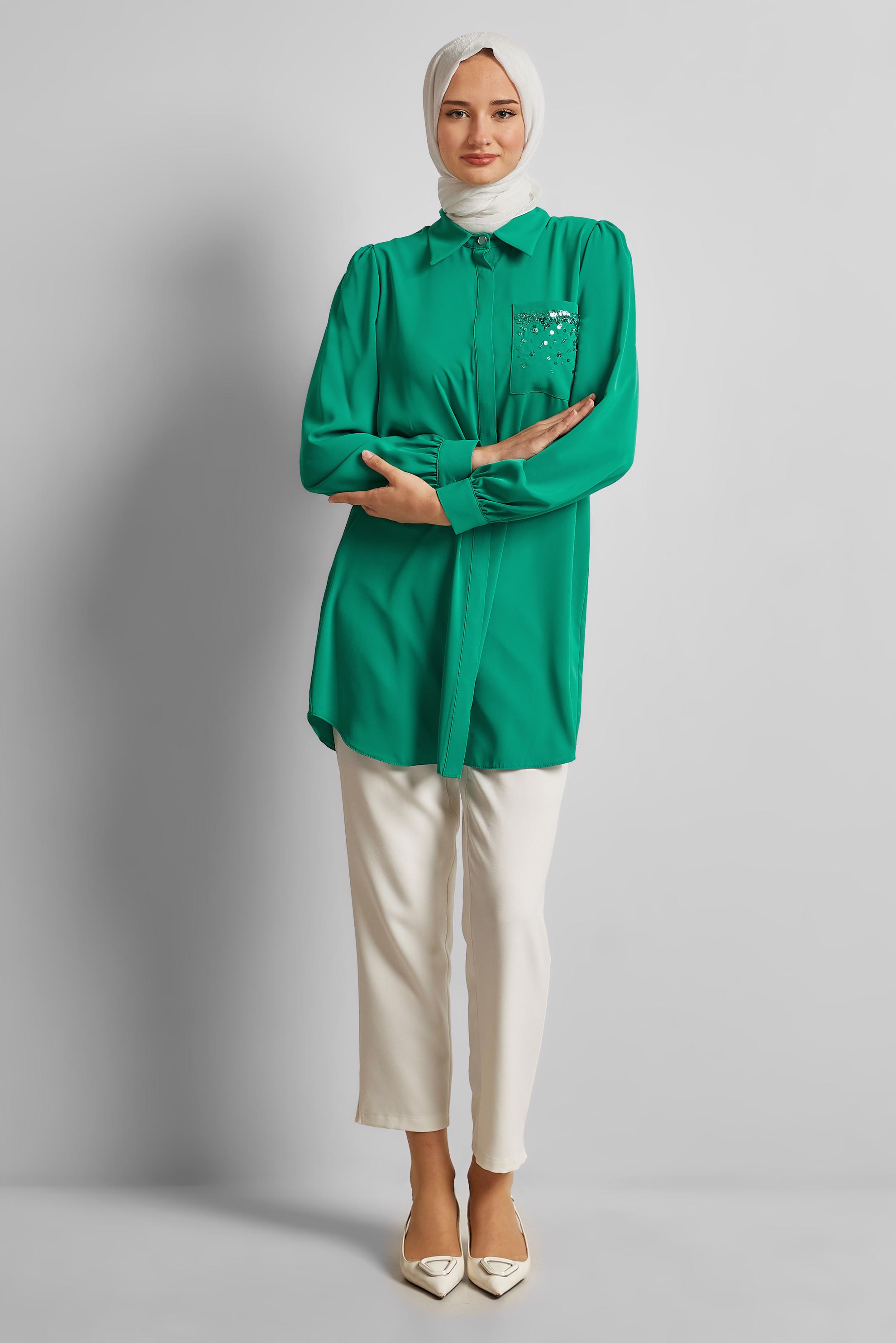 Vêtements hijab BLEU TUNIQUE BRODÉE DE PERLES 45326