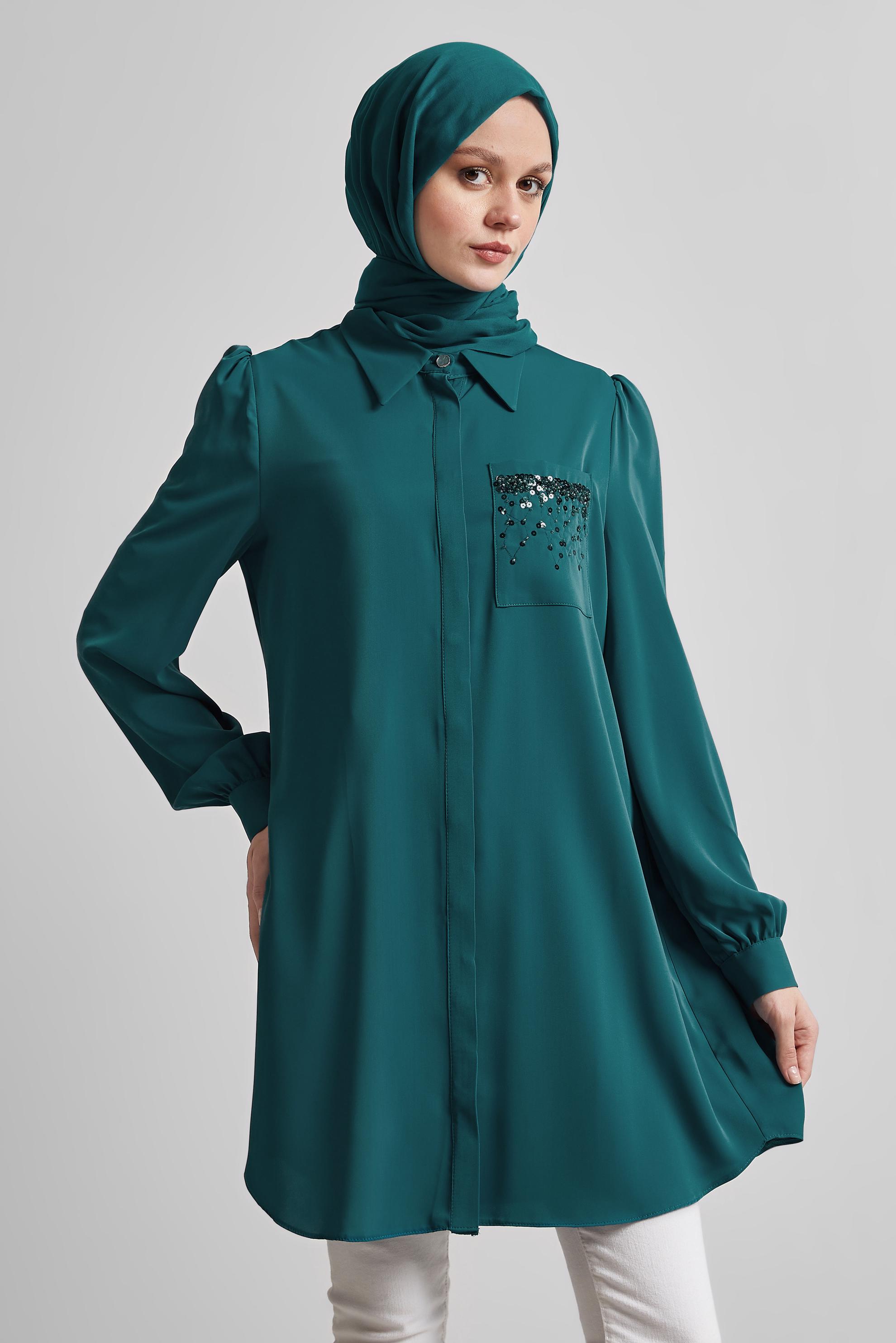 Tesettür giyim MAVİ BONCUK İŞLEMELİ TUNİK 45326