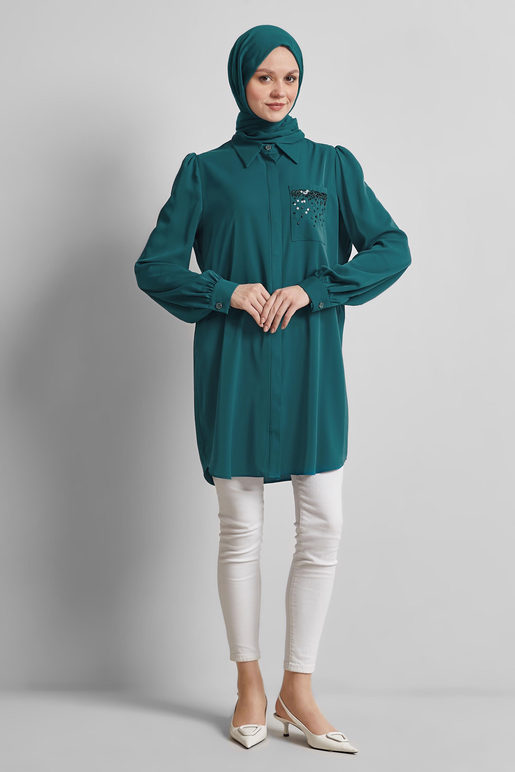 Tesettür giyim MAVİ BONCUK İŞLEMELİ TUNİK 45326