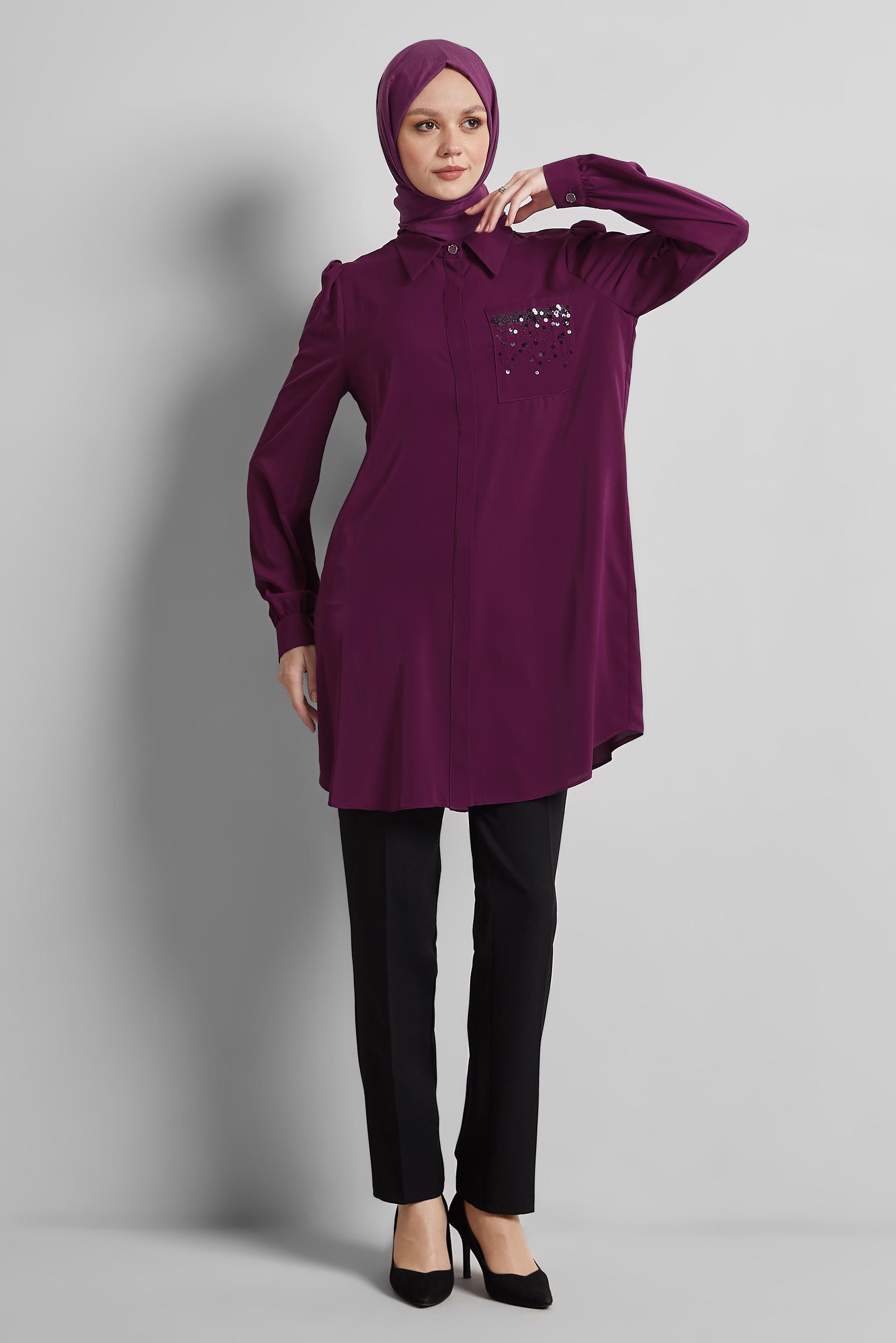 Tesettür giyim MOR BONCUK İŞLEMELİ TUNİK 45326