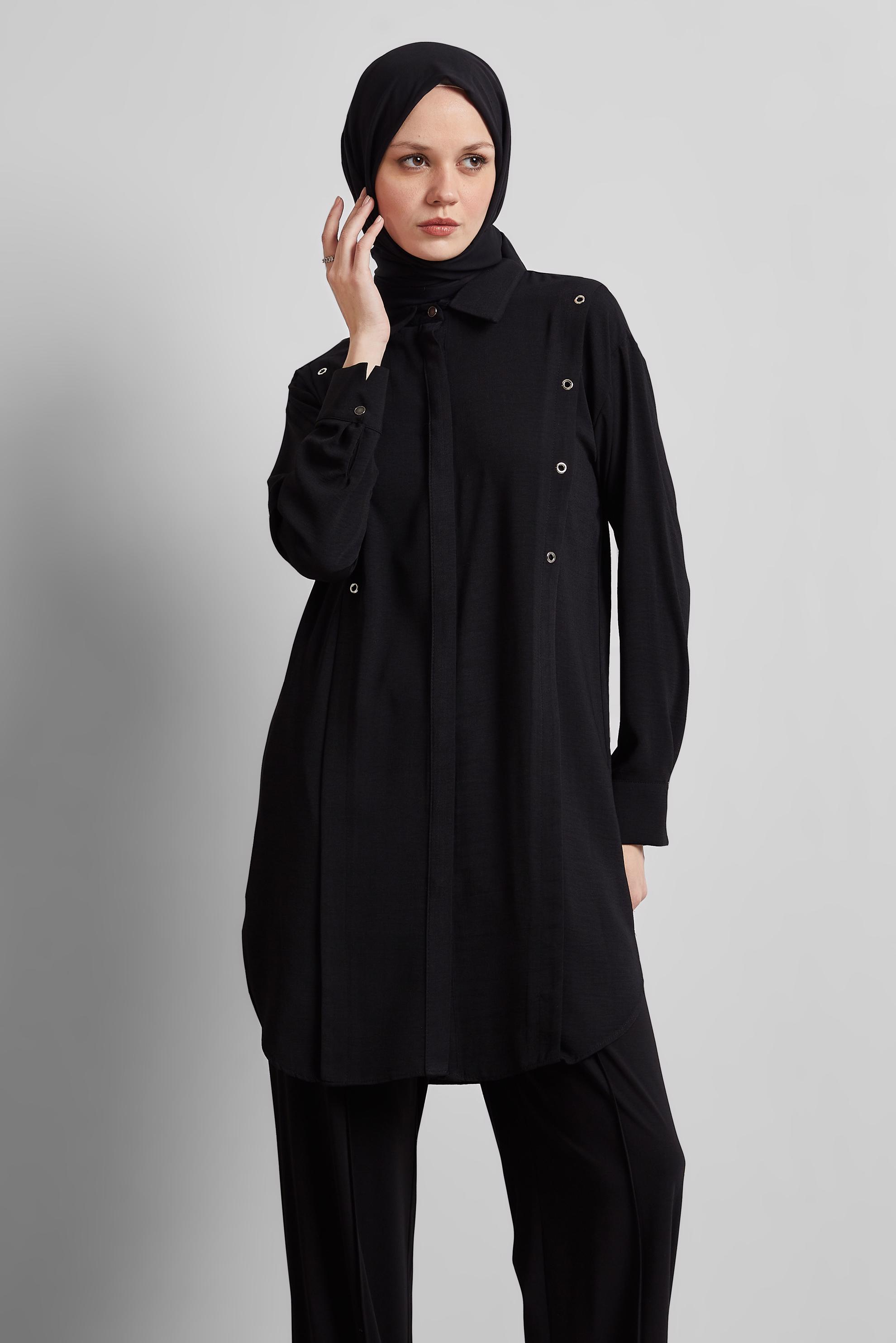 Tesettür giyim SİYAH GÖMLEK YAKA TUNİK 45328