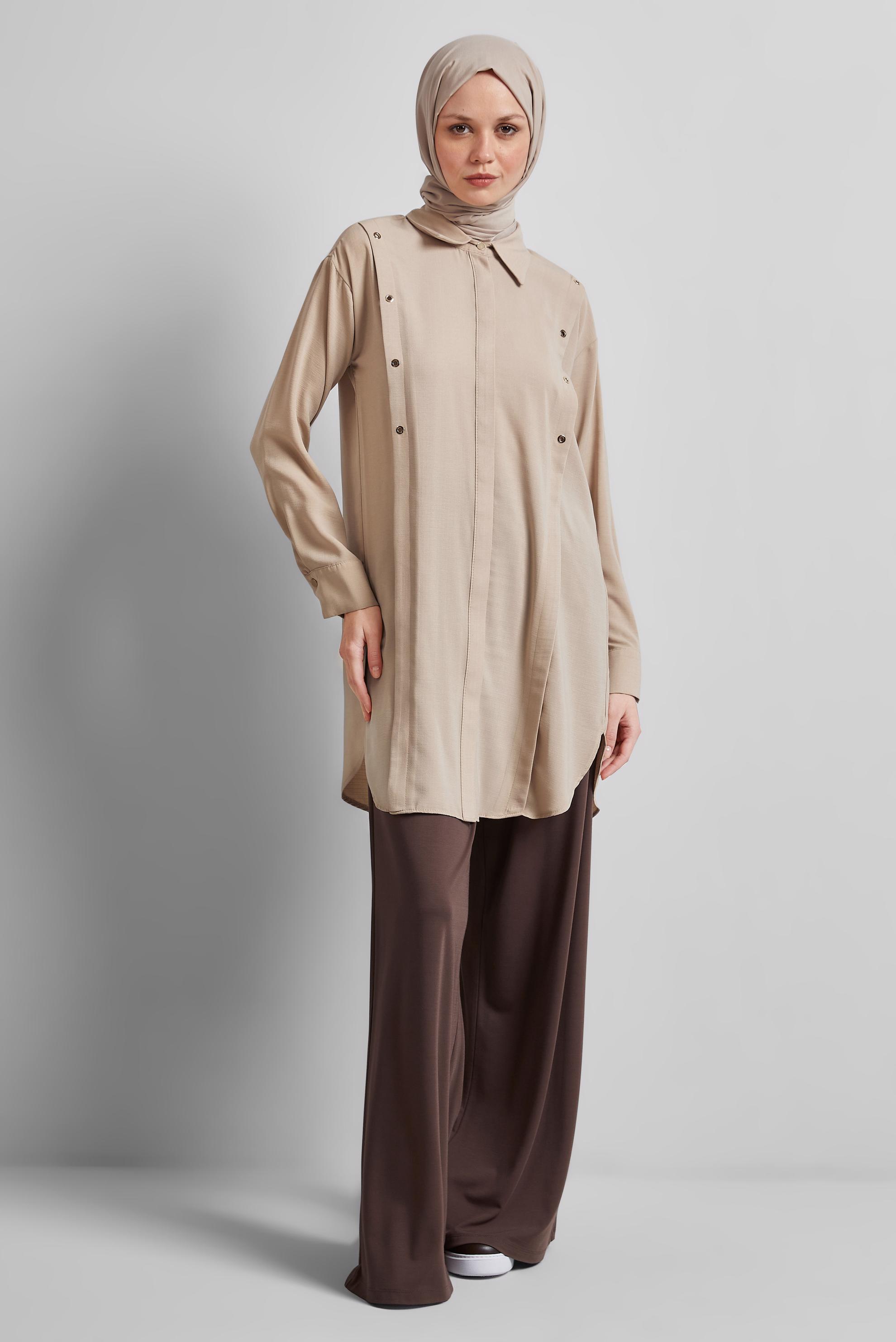 Tesettür giyim BEJ GÖMLEK YAKA TUNİK 45328