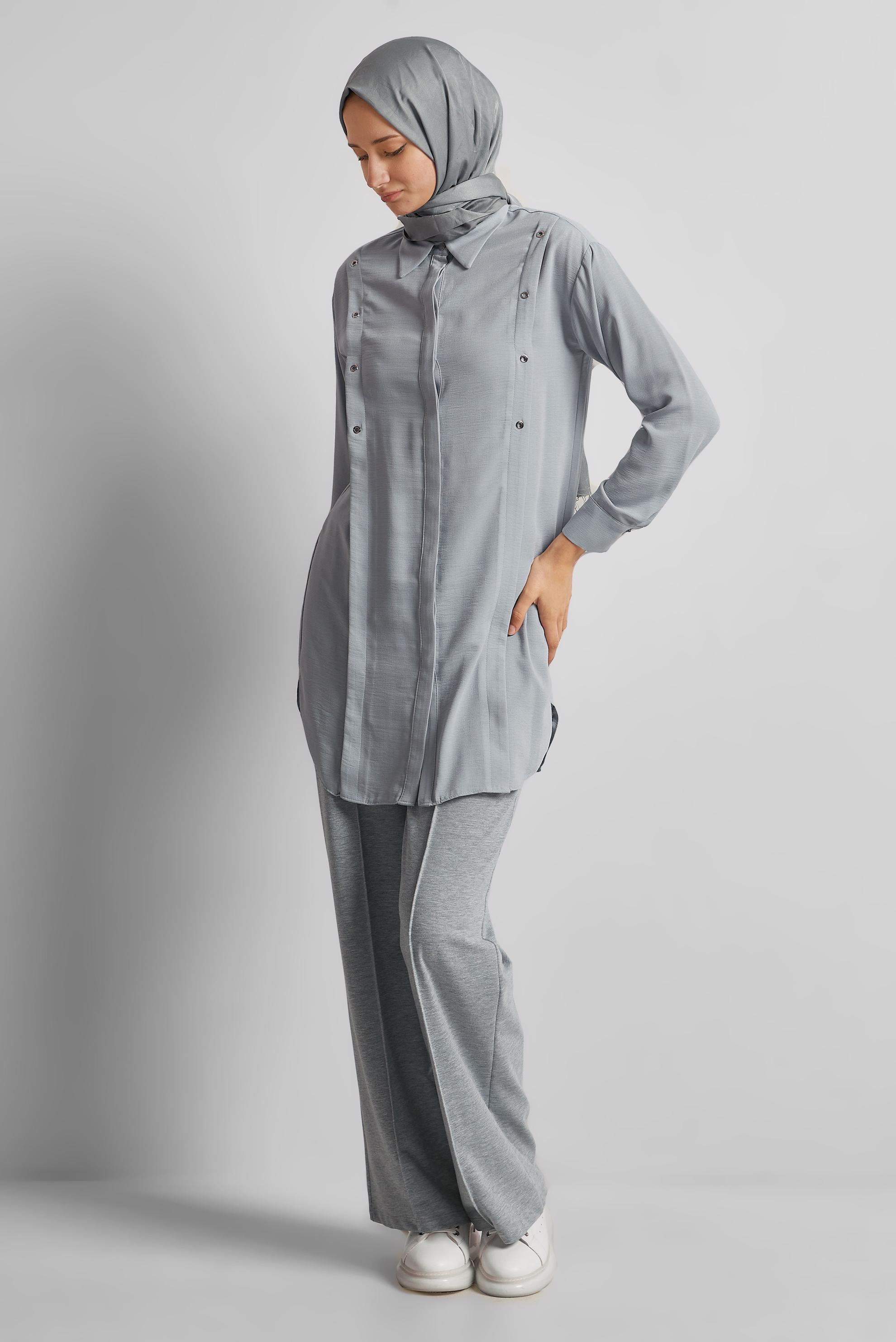 Tesettür giyim GRİ GÖMLEK YAKA TUNİK 45328