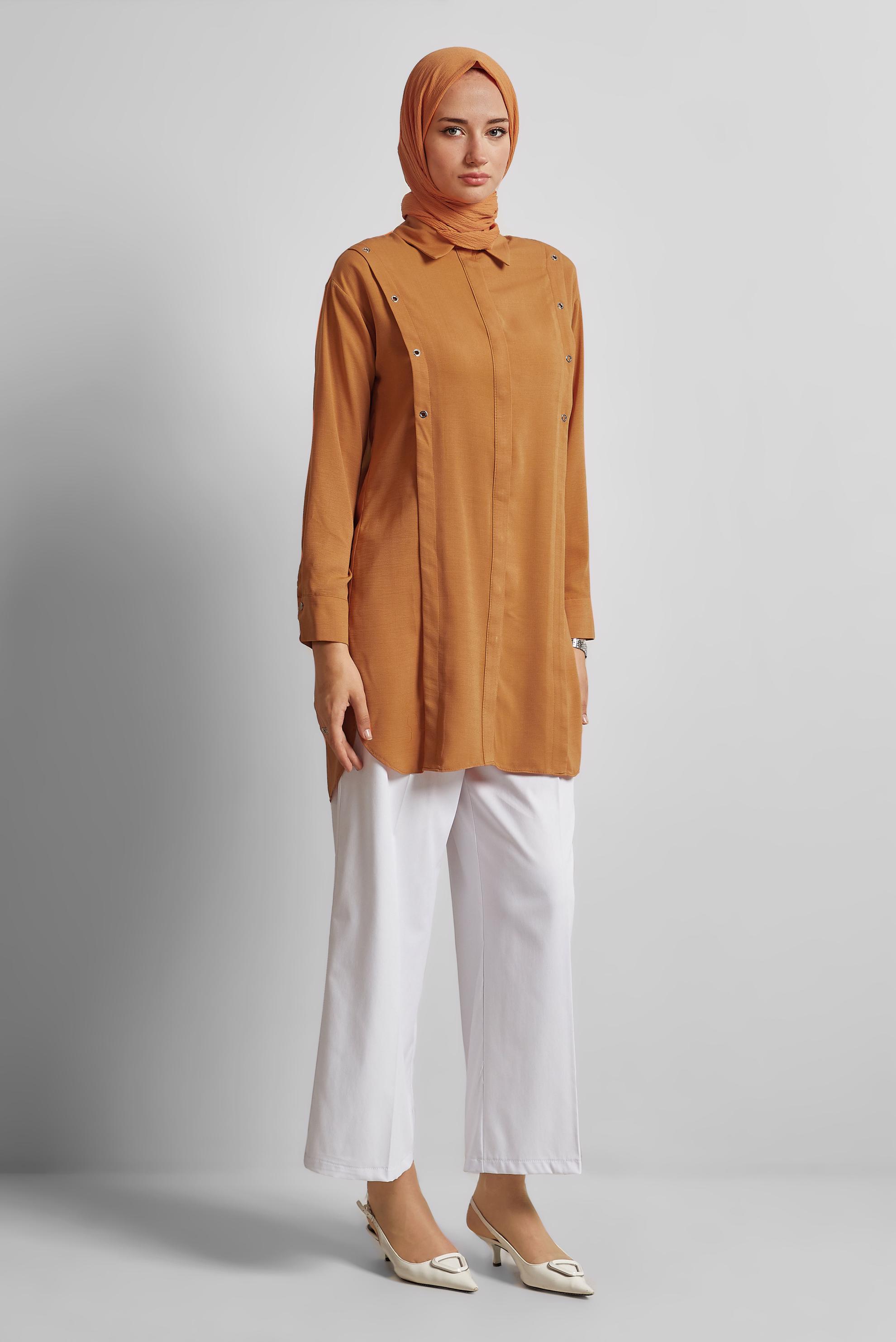 Tesettür giyim TURUNCU GÖMLEK YAKA TUNİK 45328