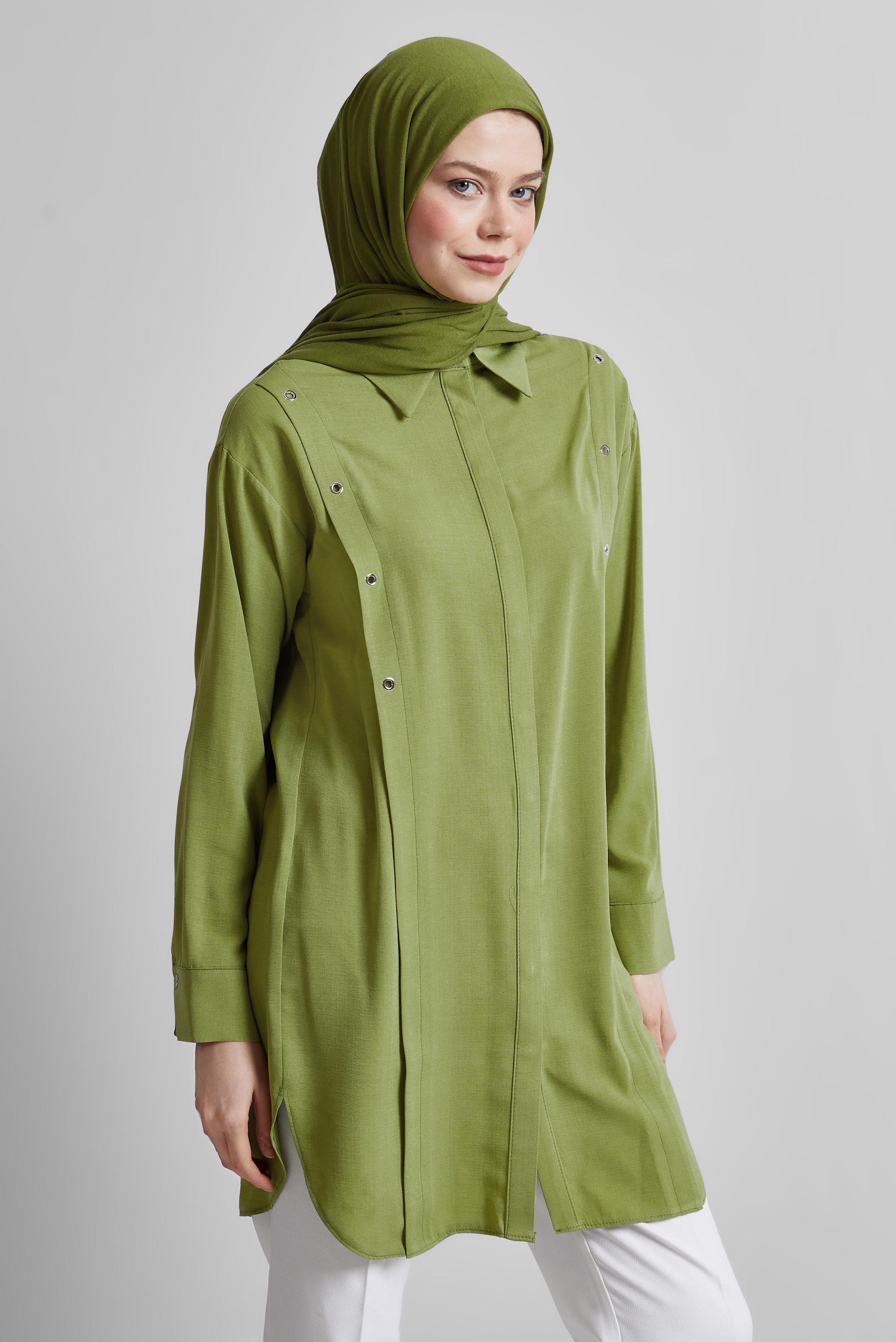 Tesettür giyim YEŞİL GÖMLEK YAKA TUNİK 45328