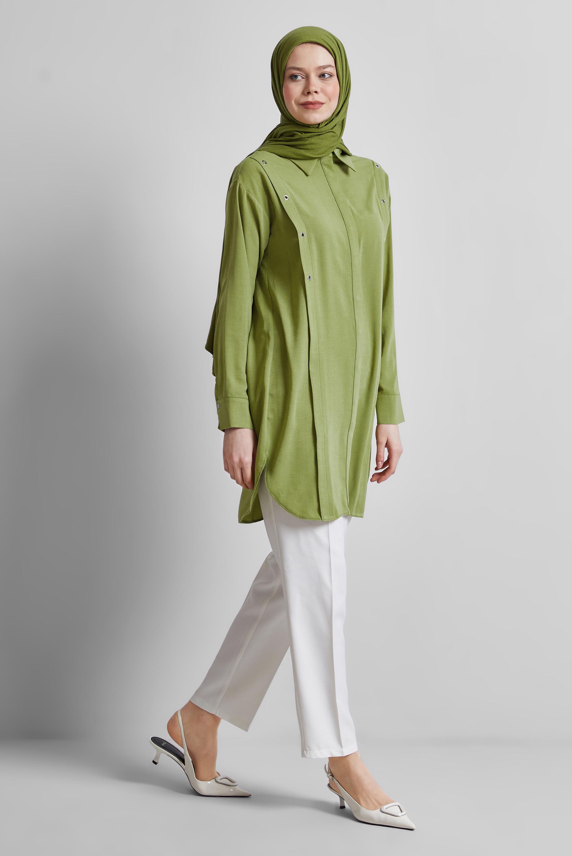Tesettür giyim YEŞİL GÖMLEK YAKA TUNİK 45328