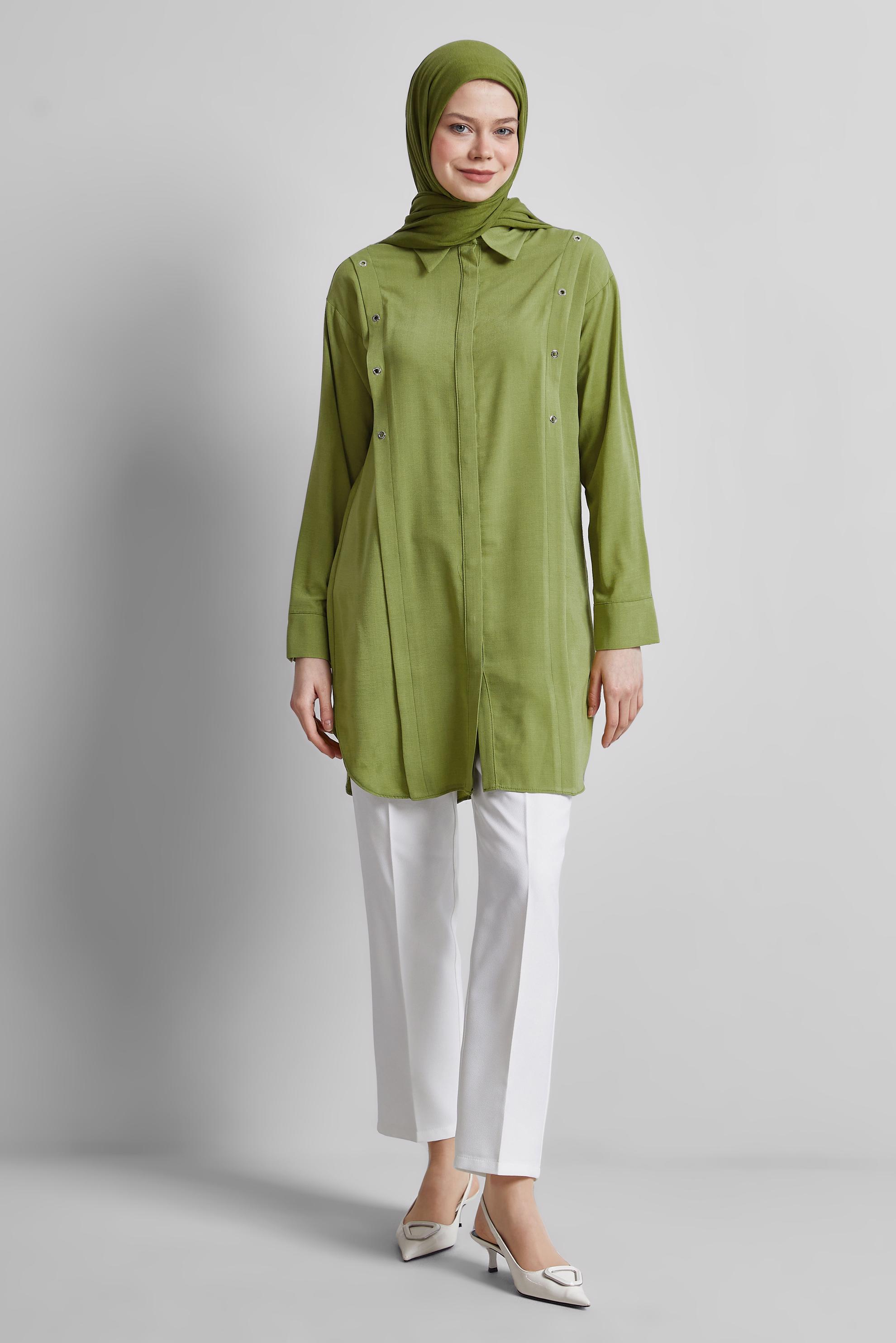 Tesettür giyim YEŞİL GÖMLEK YAKA TUNİK 45328