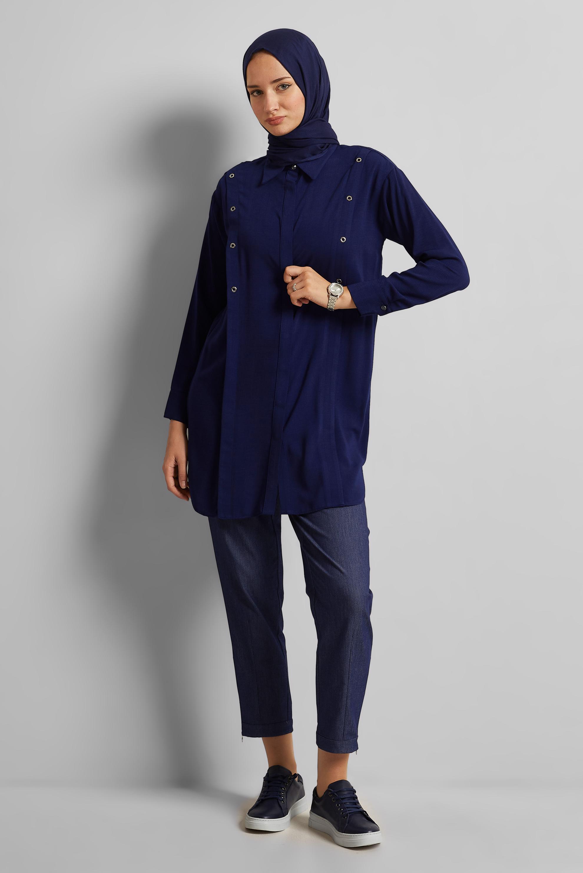 Tesettür giyim LACİVERT GÖMLEK YAKA TUNİK 45328