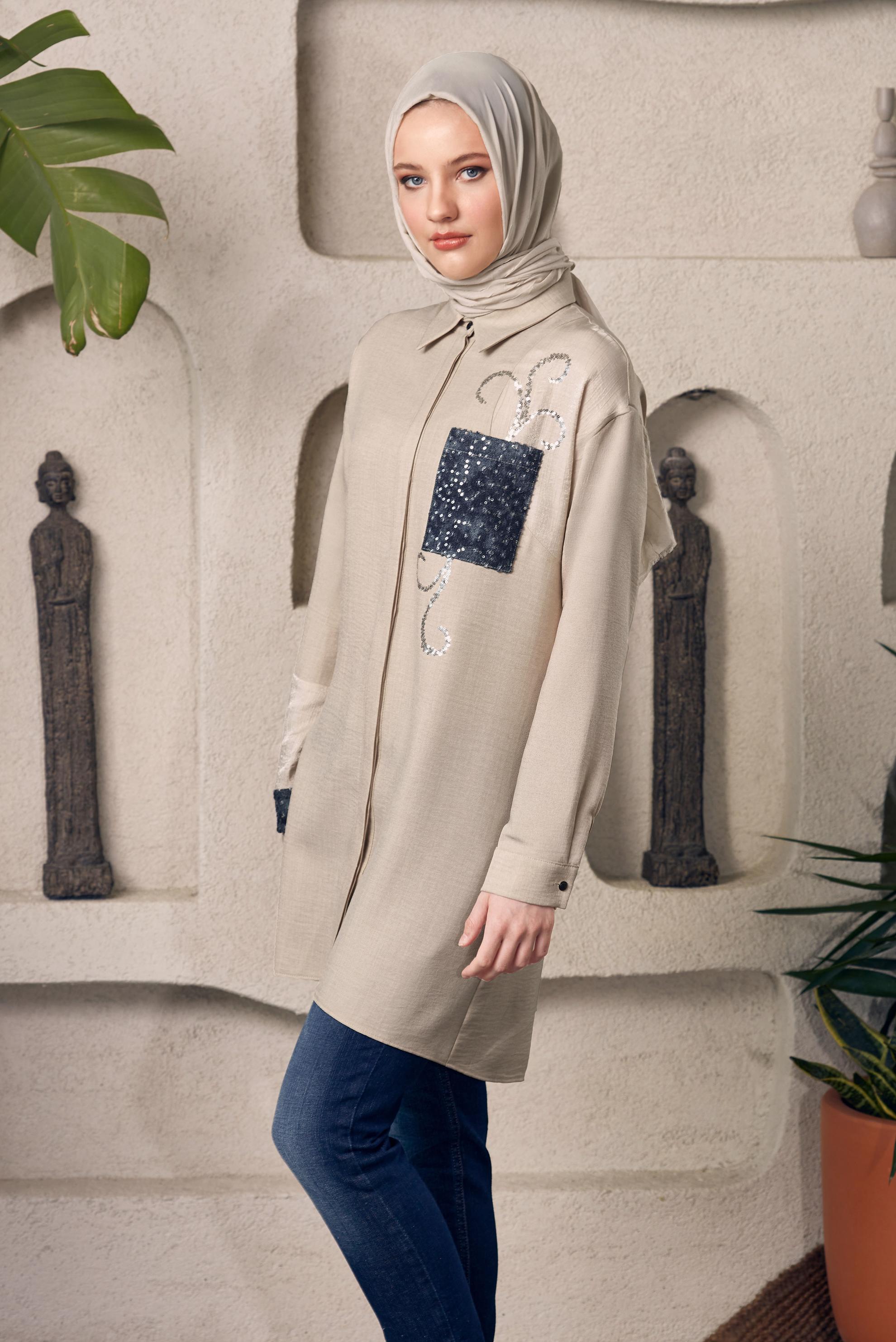 Tesettür giyim BEJ GÖMLEK YAKA TESETTÜR TUNİK 45334 