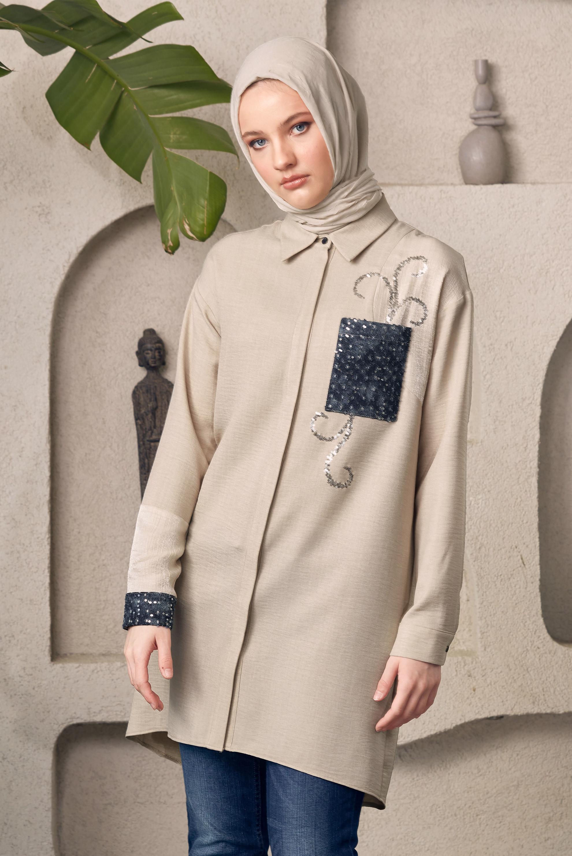 Tesettür giyim BEJ GÖMLEK YAKA TESETTÜR TUNİK 45334 