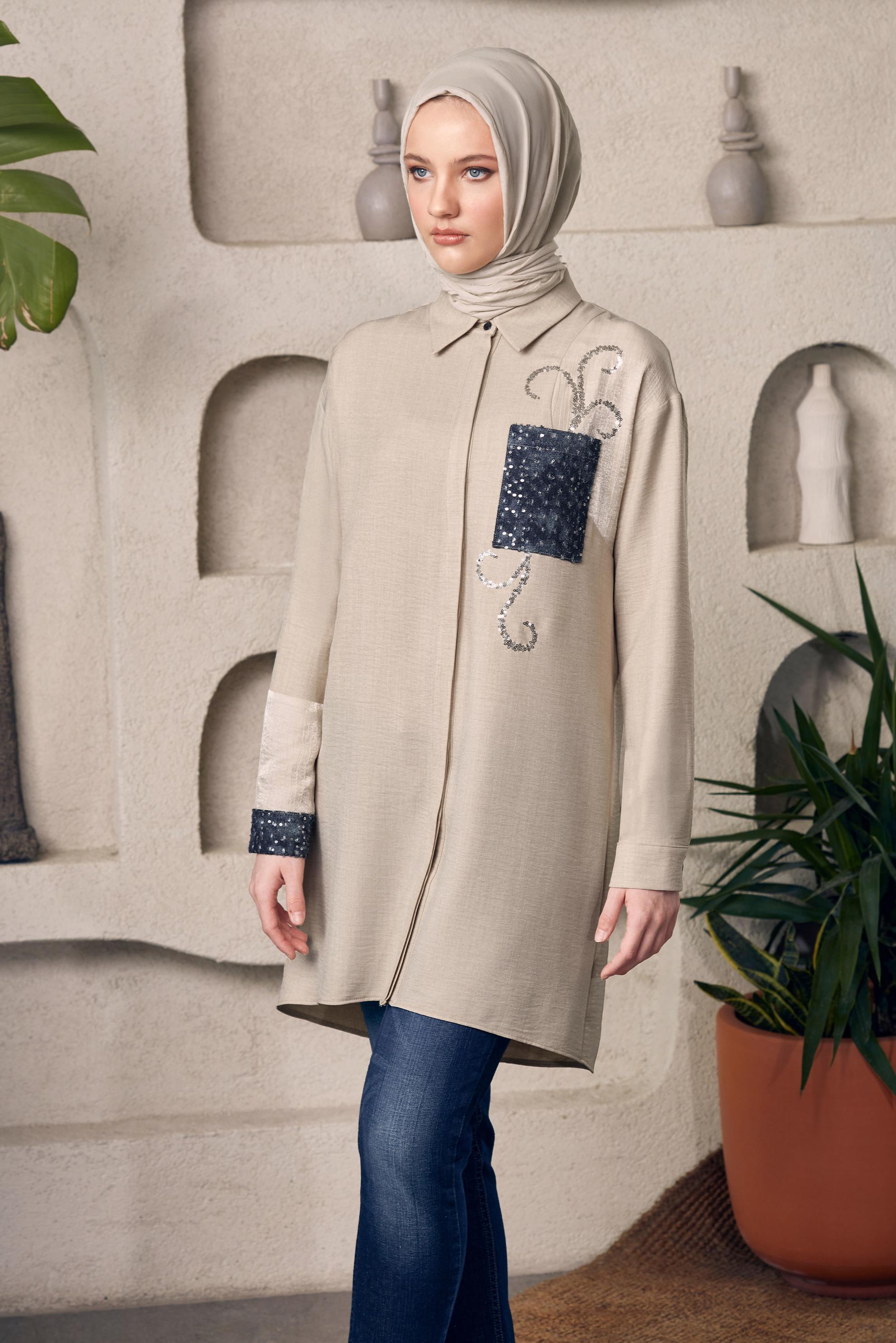 Tesettür giyim BEJ GÖMLEK YAKA TESETTÜR TUNİK 45334 