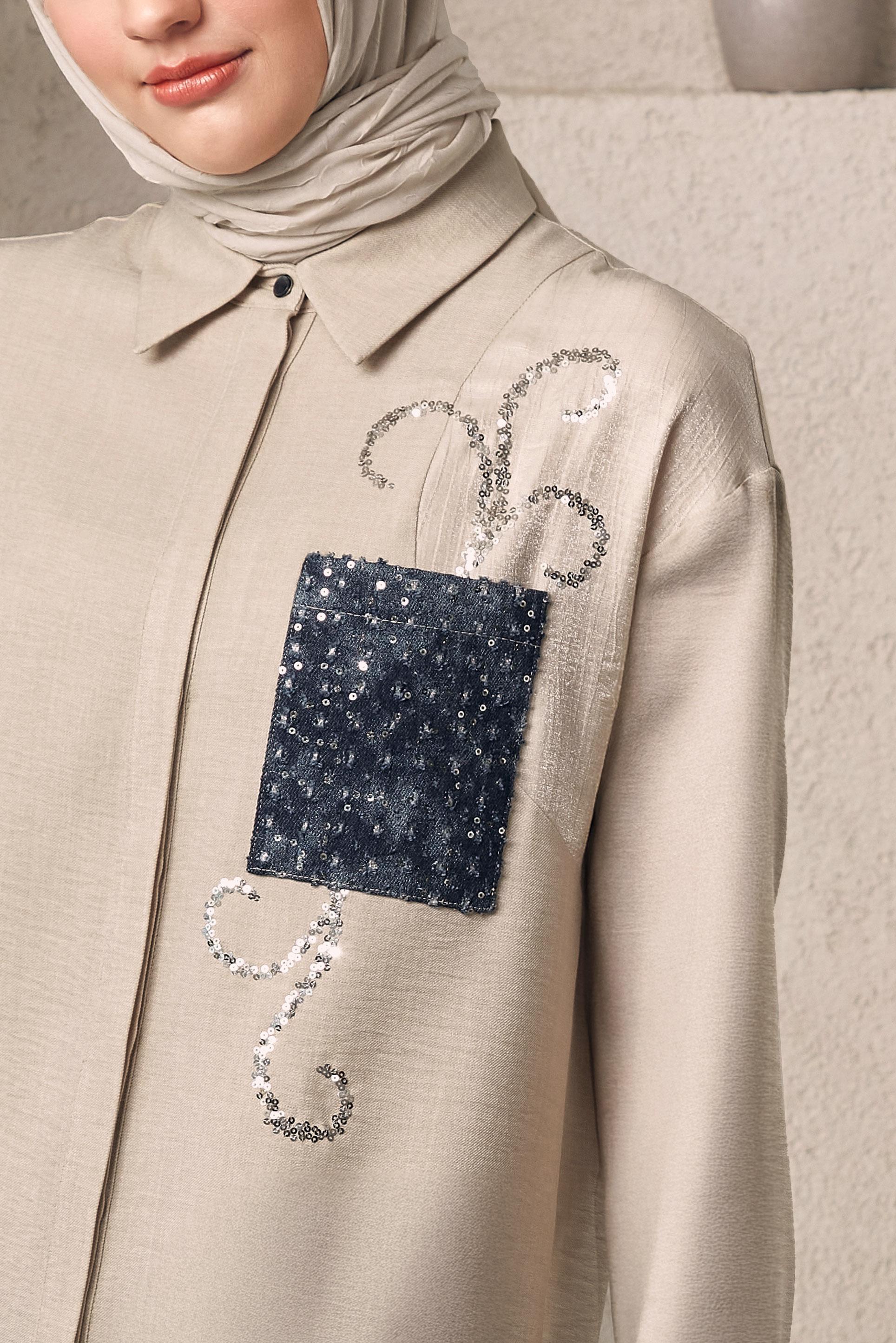 Tesettür giyim BEJ GÖMLEK YAKA TESETTÜR TUNİK 45334 