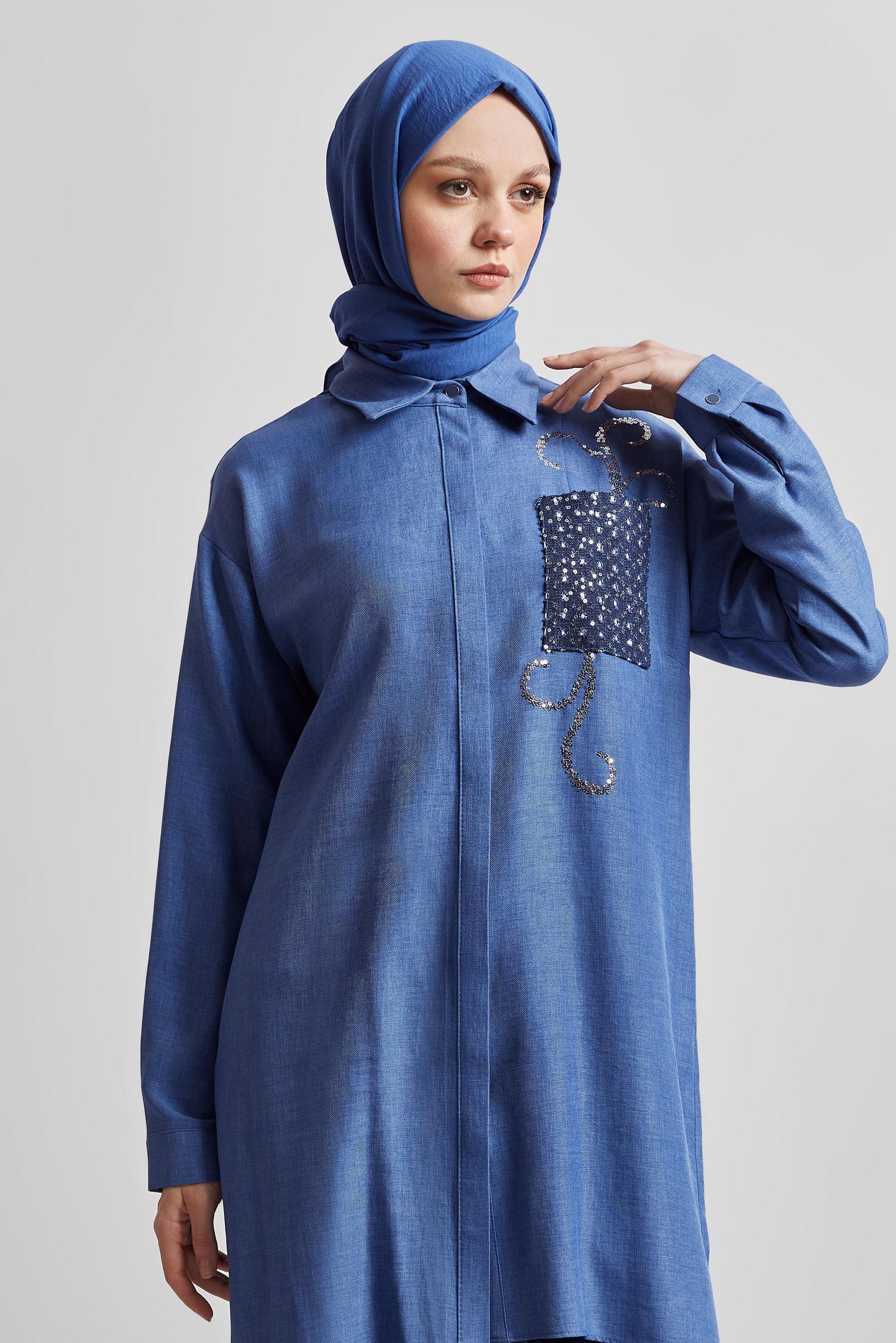 Tesettür giyim LACİVERT GÖMLEK YAKA TESETTÜR TUNİK 45334 