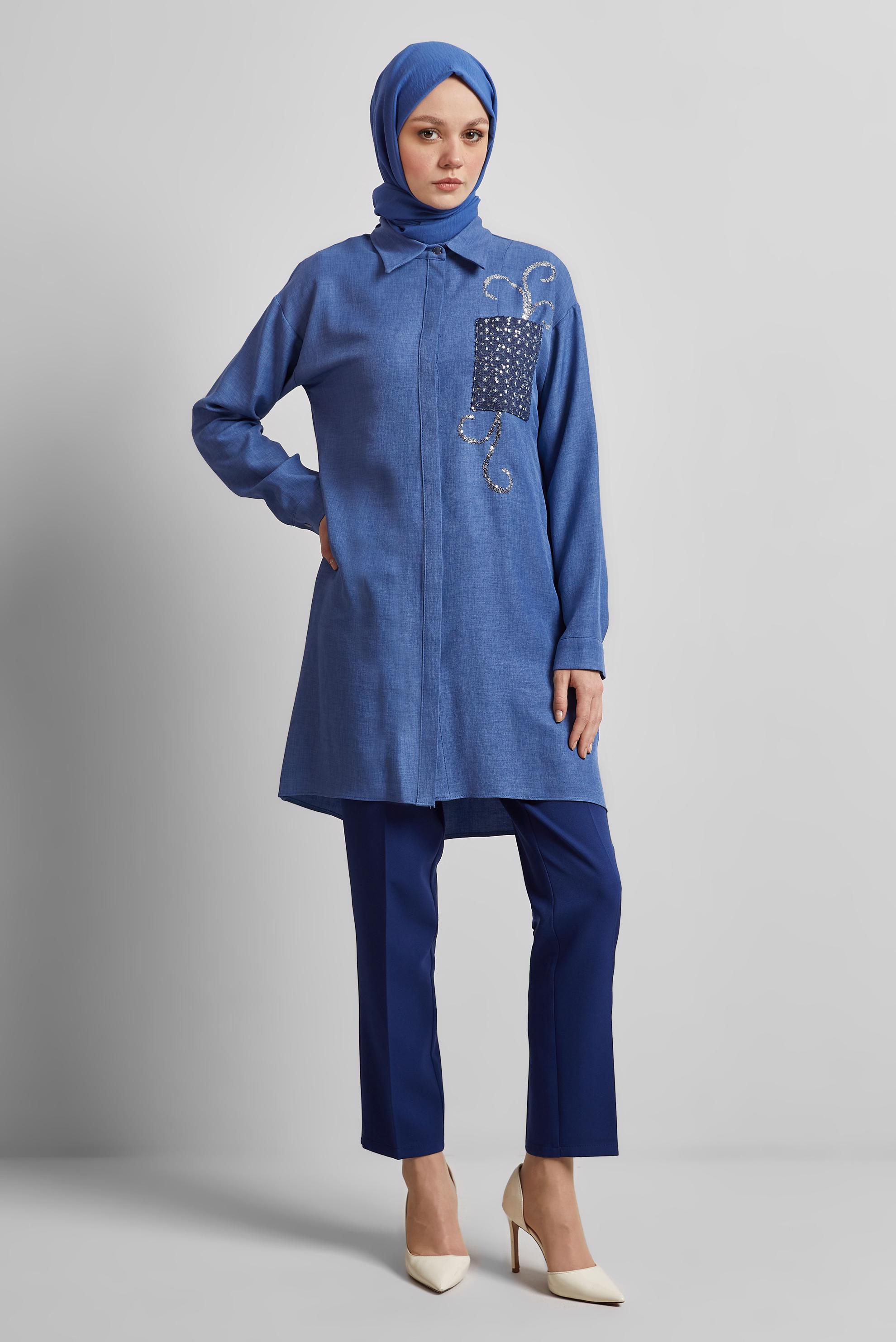 Tesettür giyim LACİVERT GÖMLEK YAKA TESETTÜR TUNİK 45334 