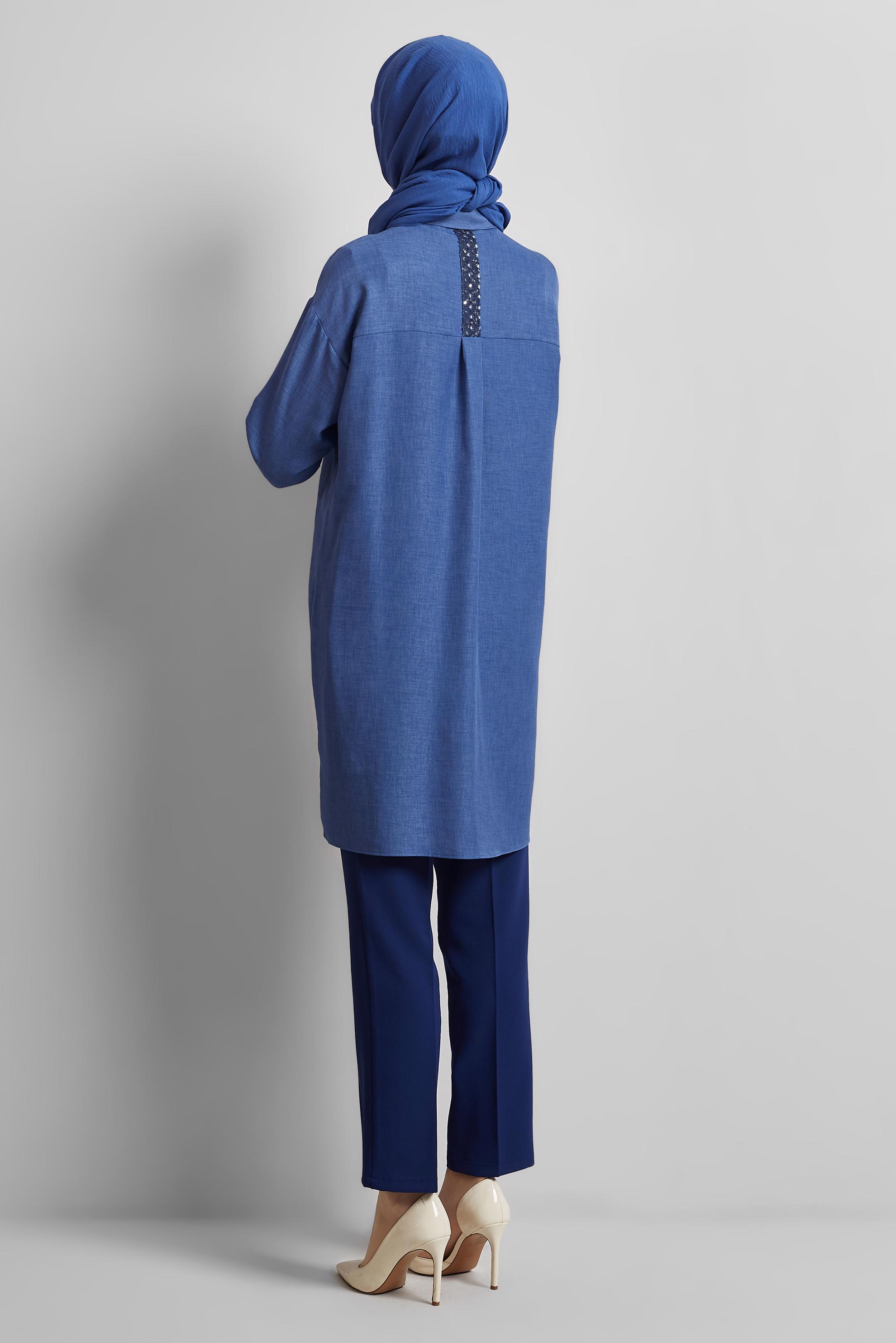 Tesettür giyim LACİVERT GÖMLEK YAKA TESETTÜR TUNİK 45334 