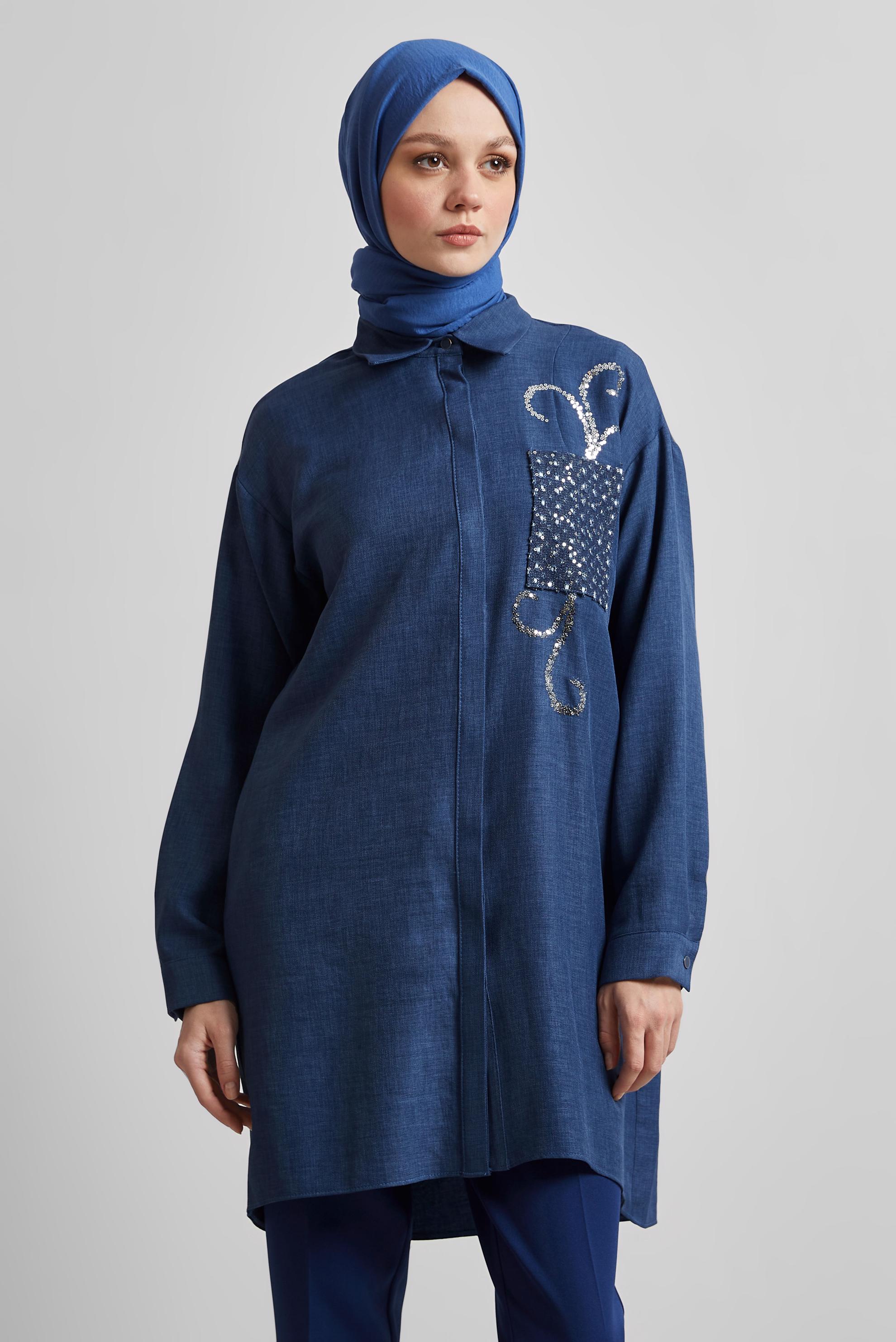 Tesettür giyim LACİVERT GÖMLEK YAKA TESETTÜR TUNİK 45334 