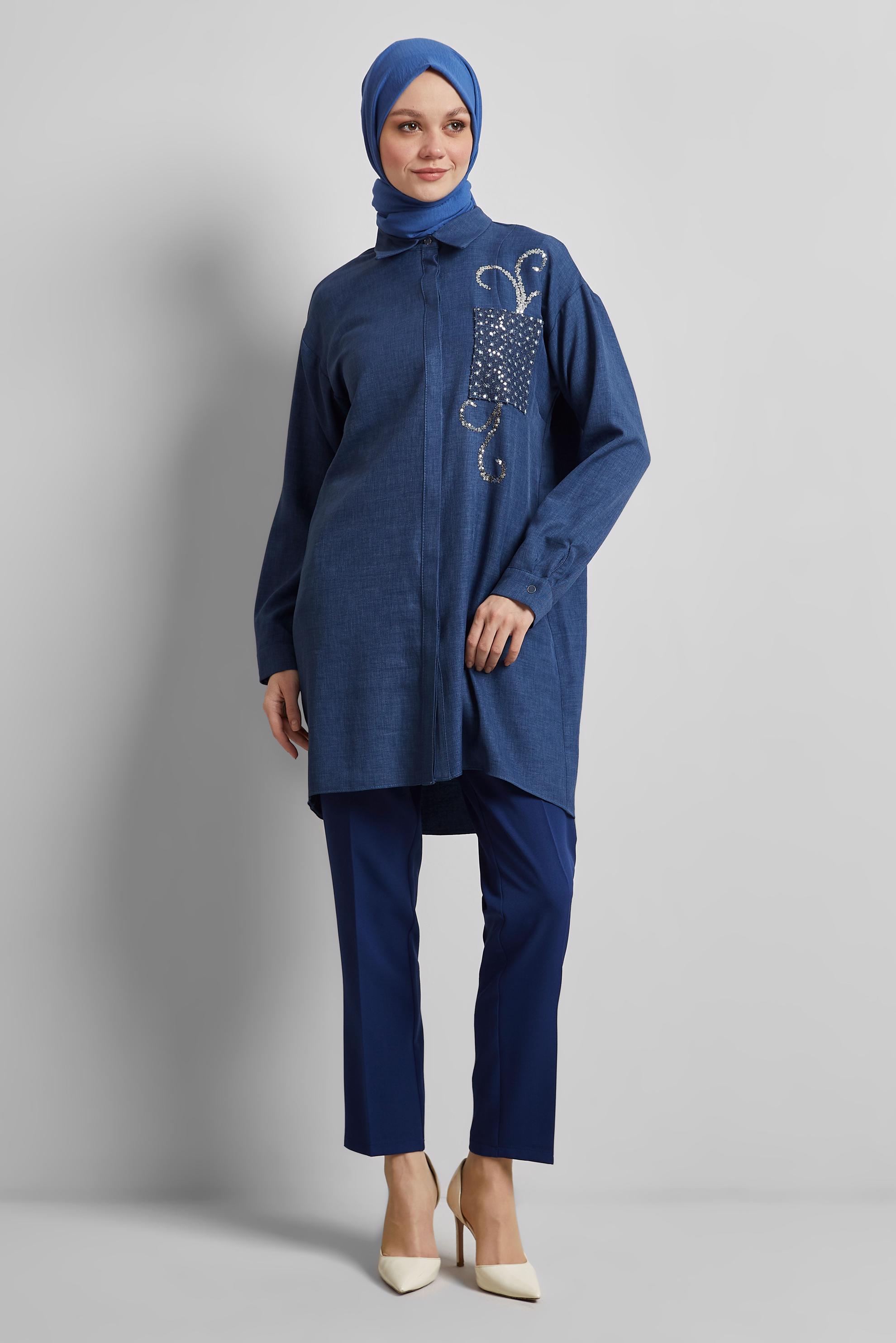 Tesettür giyim LACİVERT GÖMLEK YAKA TESETTÜR TUNİK 45334 