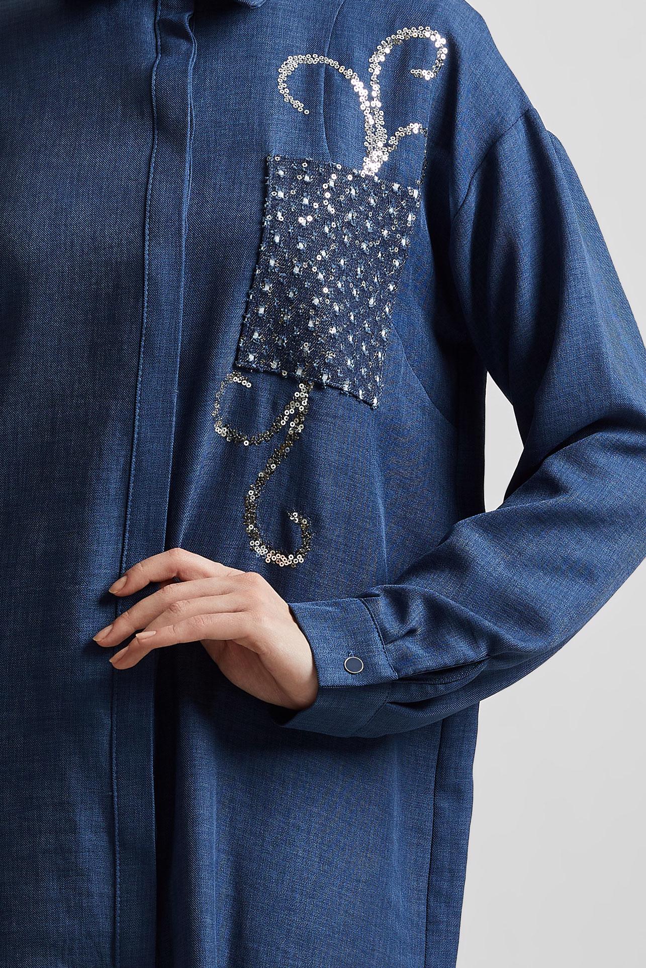 Tesettür giyim LACİVERT GÖMLEK YAKA TESETTÜR TUNİK 45334 