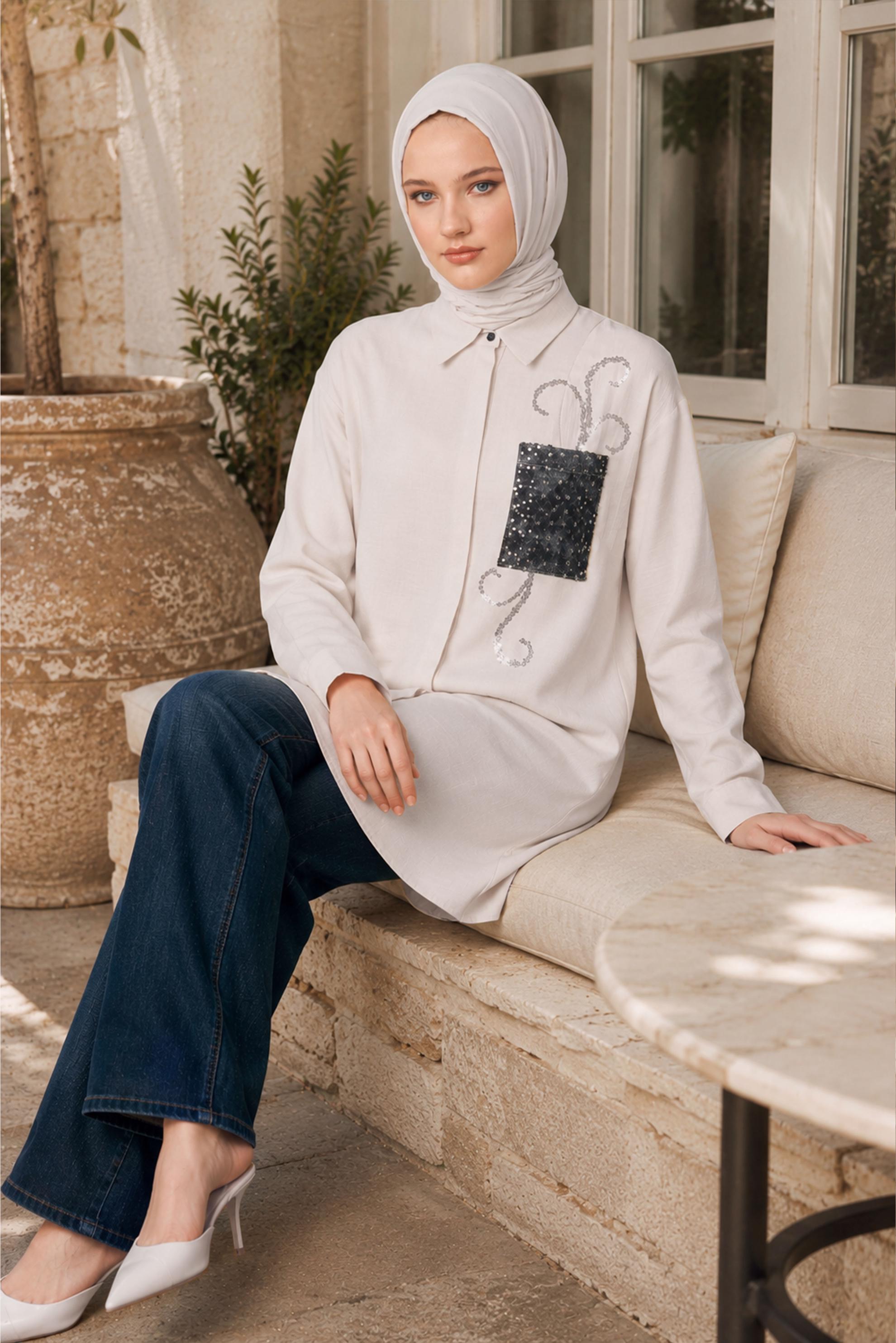 Vêtements hijab ÉCRUE TUNIQUE MODESTE À COL CHEMISE 45334