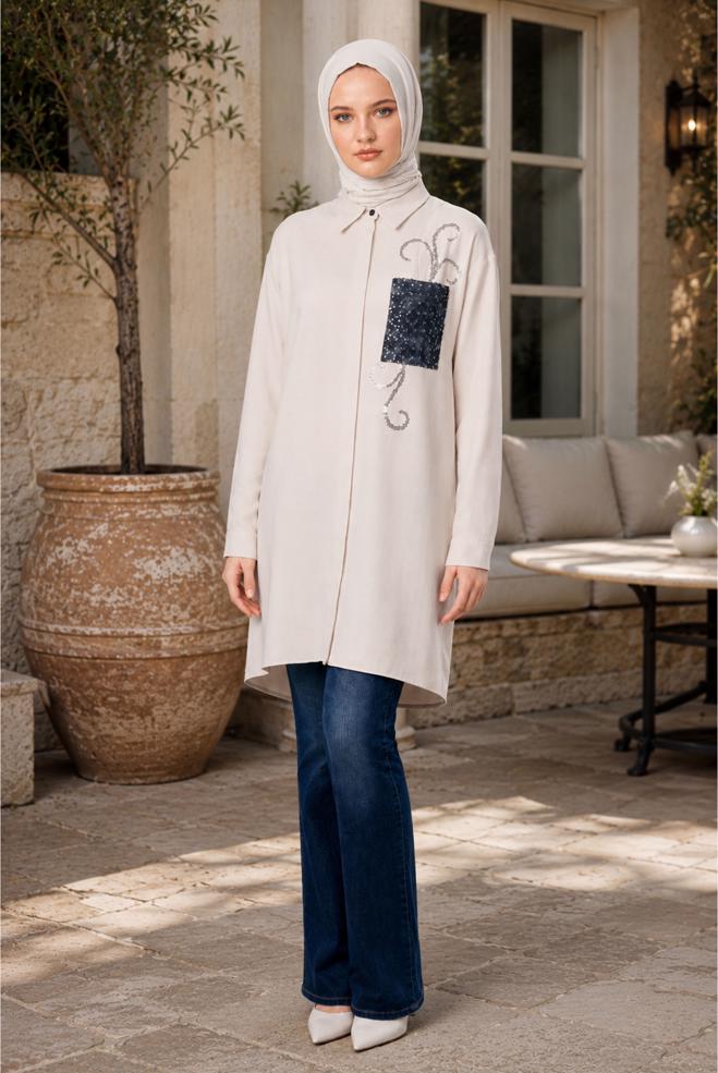 Vêtements hijab ÉCRUE TUNIQUE MODESTE À COL CHEMISE 45334 - ALVİNA