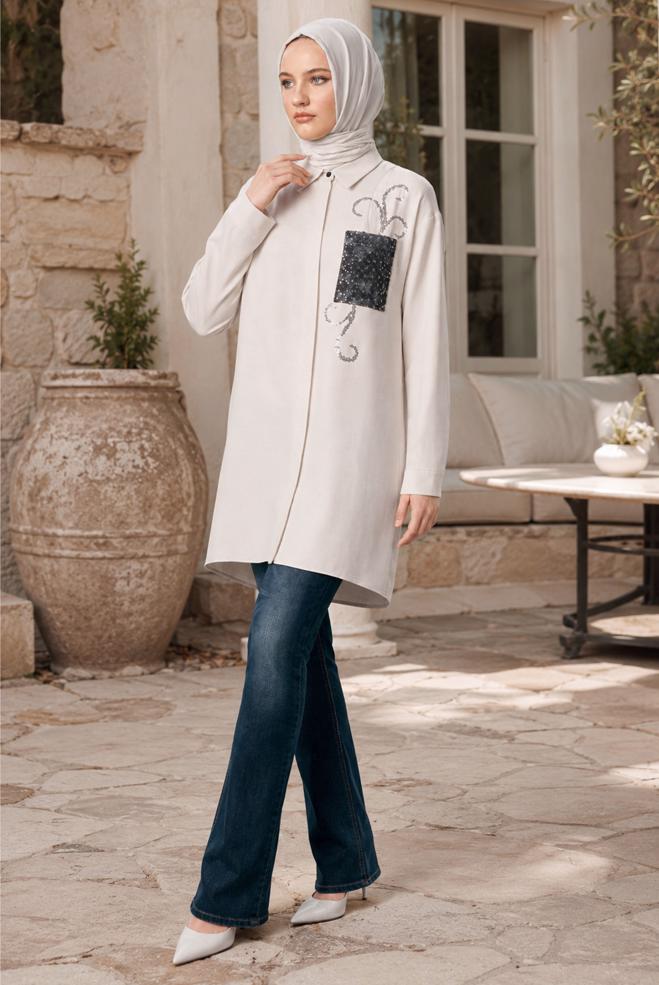 Vêtements hijab ÉCRUE TUNIQUE MODESTE À COL CHEMISE 45334 - ALVİNA