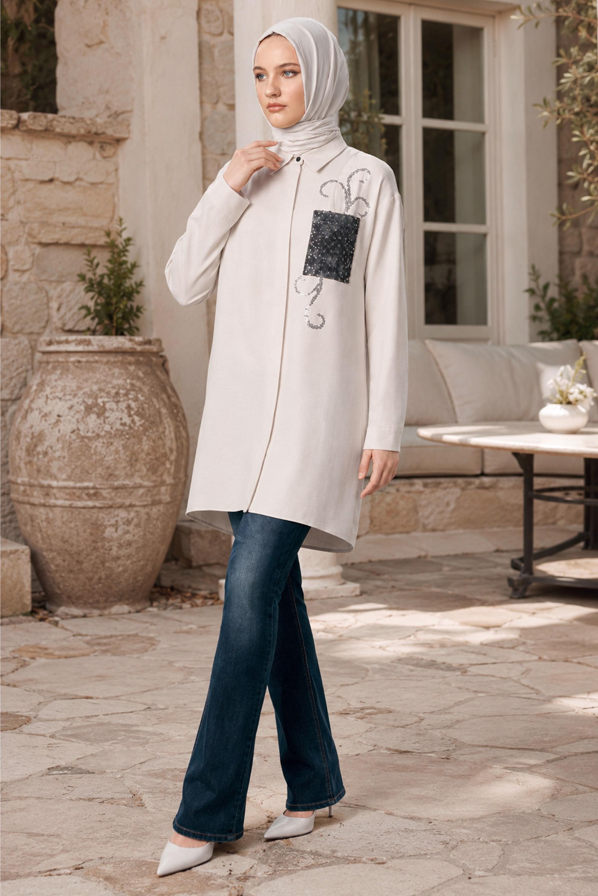 Vêtements hijab ÉCRUE TUNIQUE MODESTE À COL CHEMISE 45334