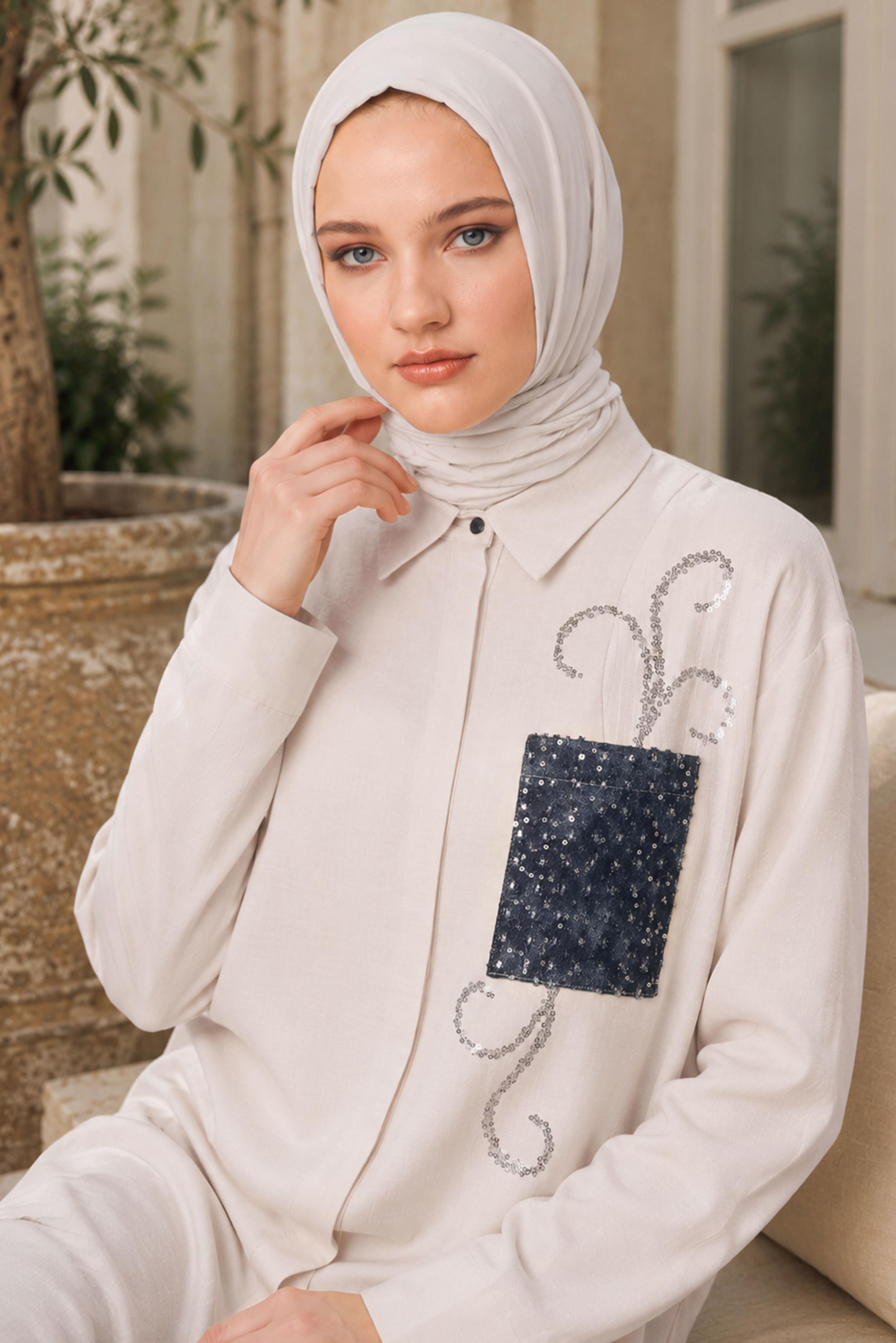 Vêtements hijab ÉCRUE TUNIQUE MODESTE À COL CHEMISE 45334