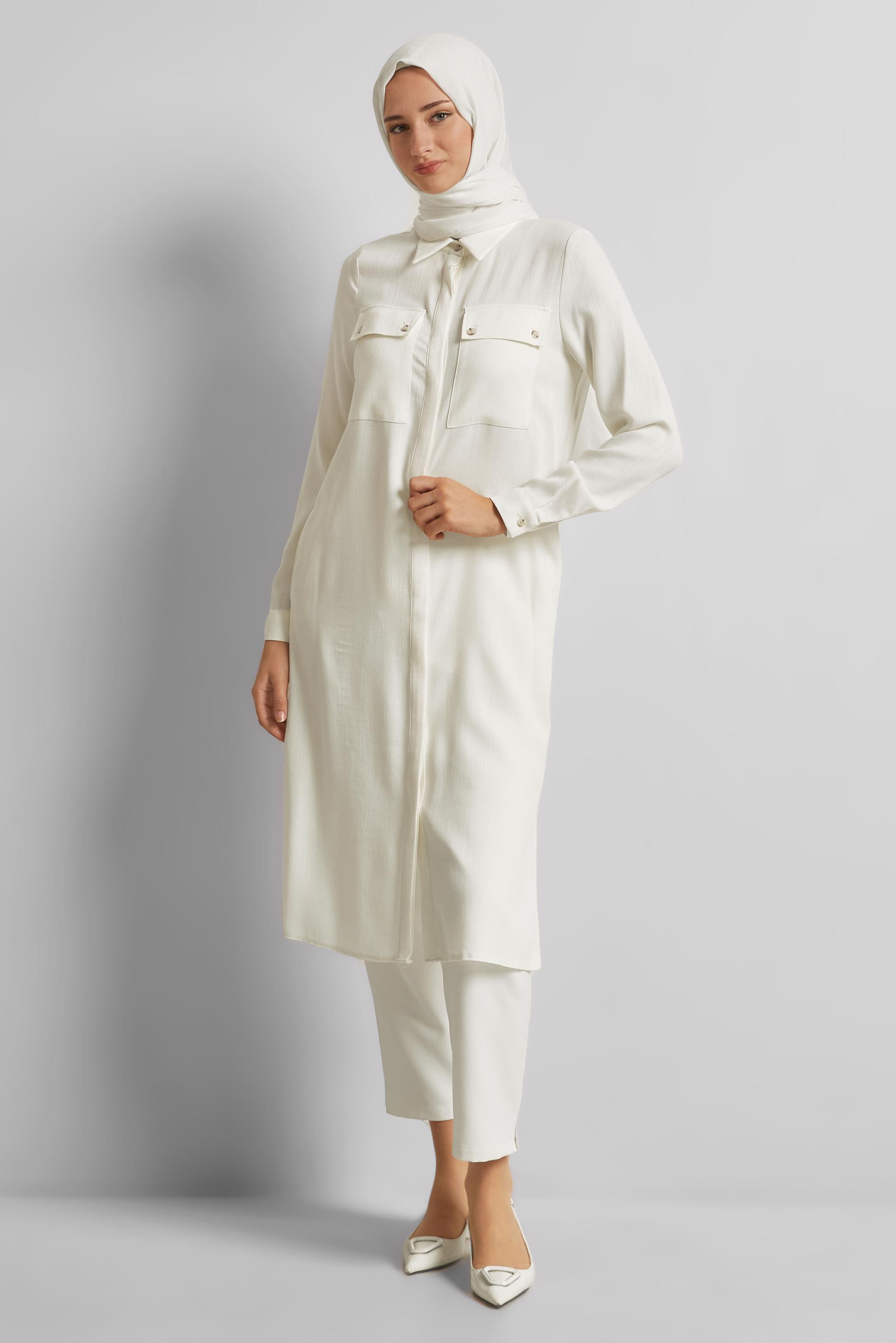 Tesettür giyim BEYAZ GÖMLEK YAKA UZUN TUNİK 45346