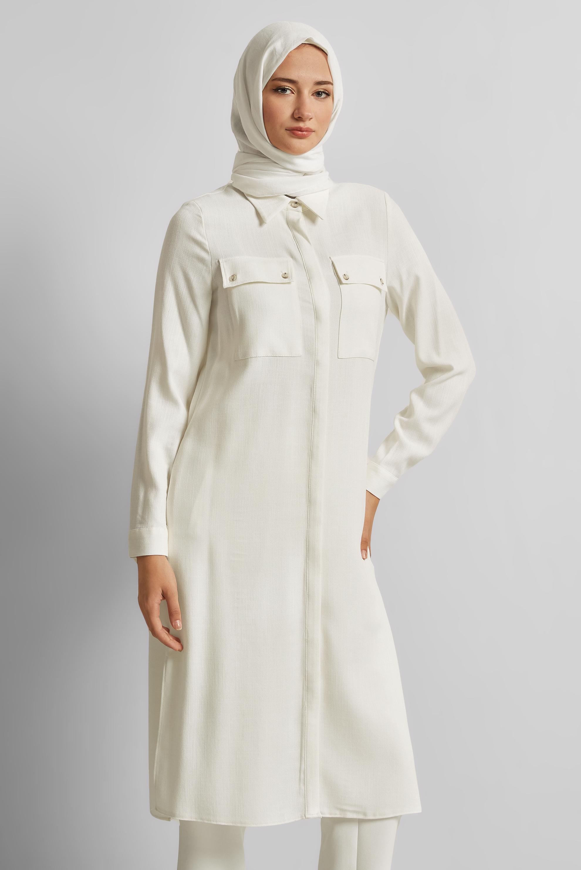 Tesettür giyim BEYAZ GÖMLEK YAKA UZUN TUNİK 45346