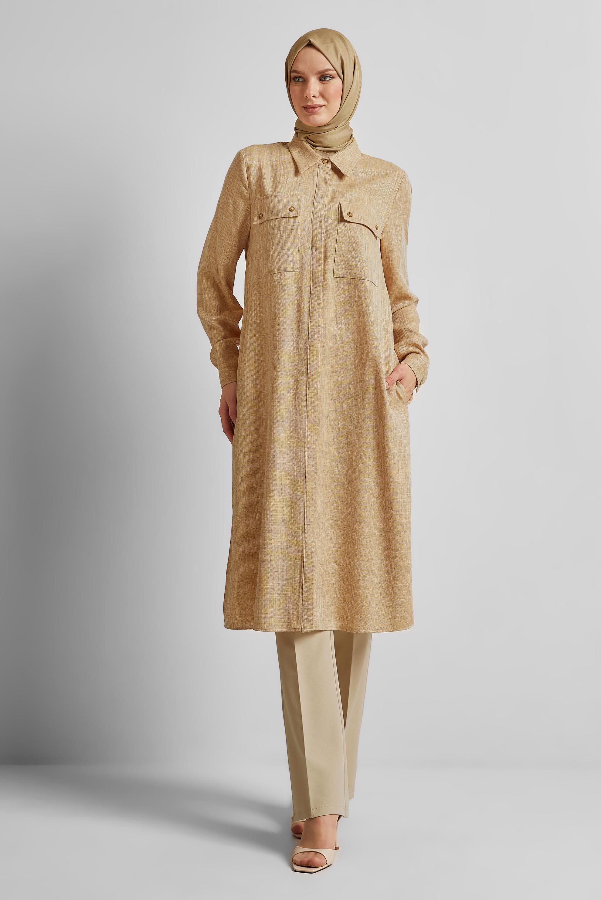 Tesettür giyim SARI GÖMLEK YAKA UZUN TUNİK 45346