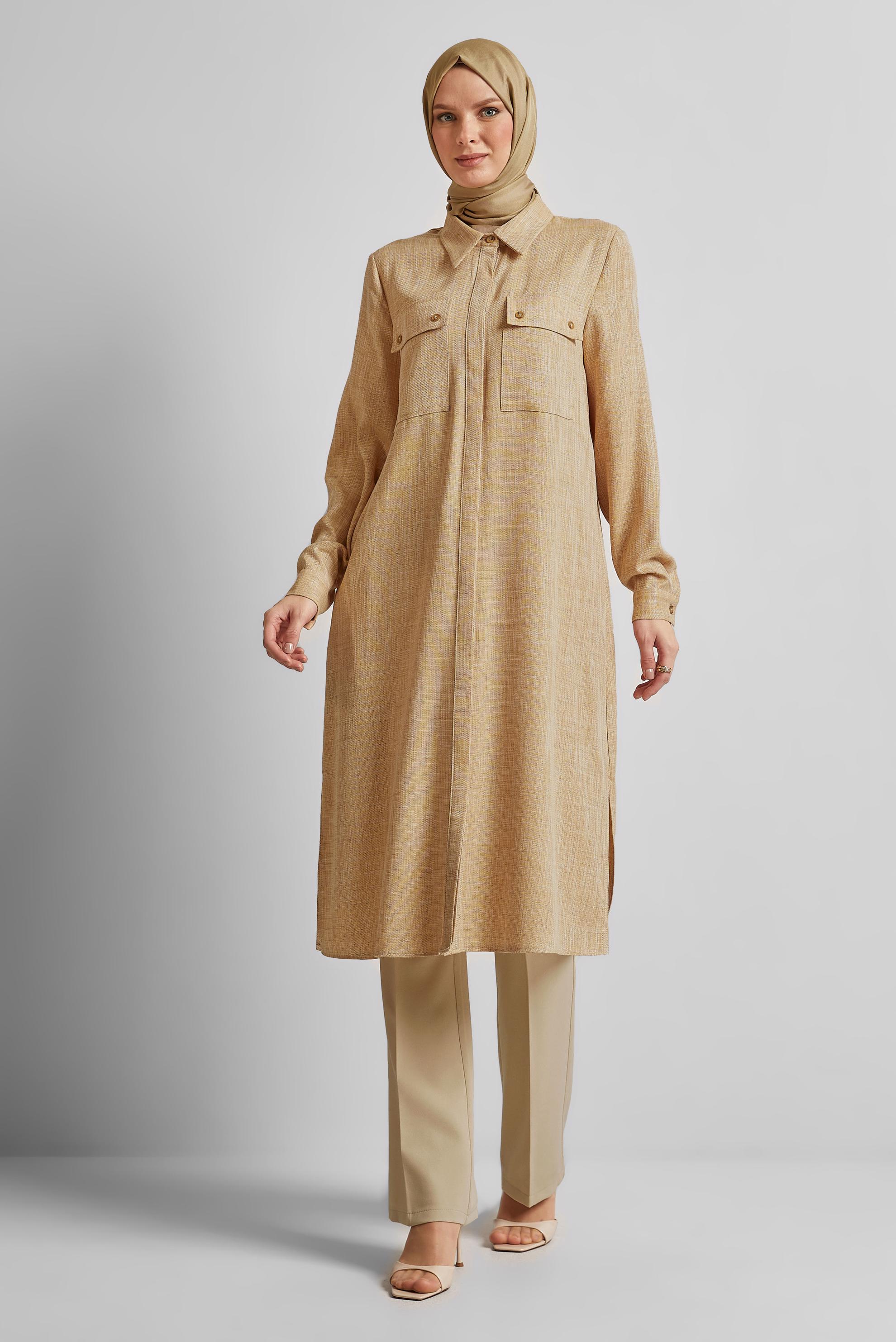 Tesettür giyim SARI GÖMLEK YAKA UZUN TUNİK 45346