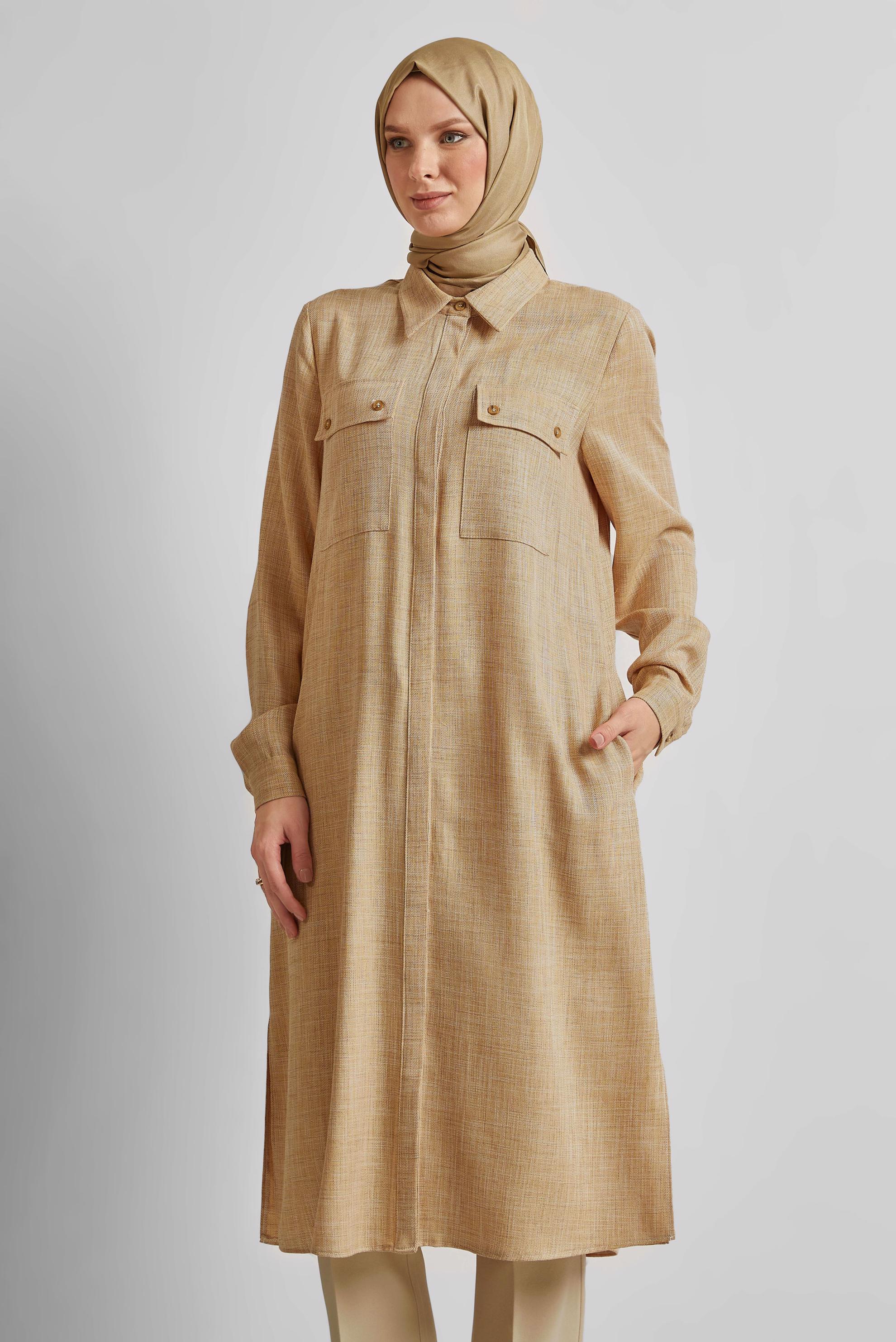 Tesettür giyim SARI GÖMLEK YAKA UZUN TUNİK 45346