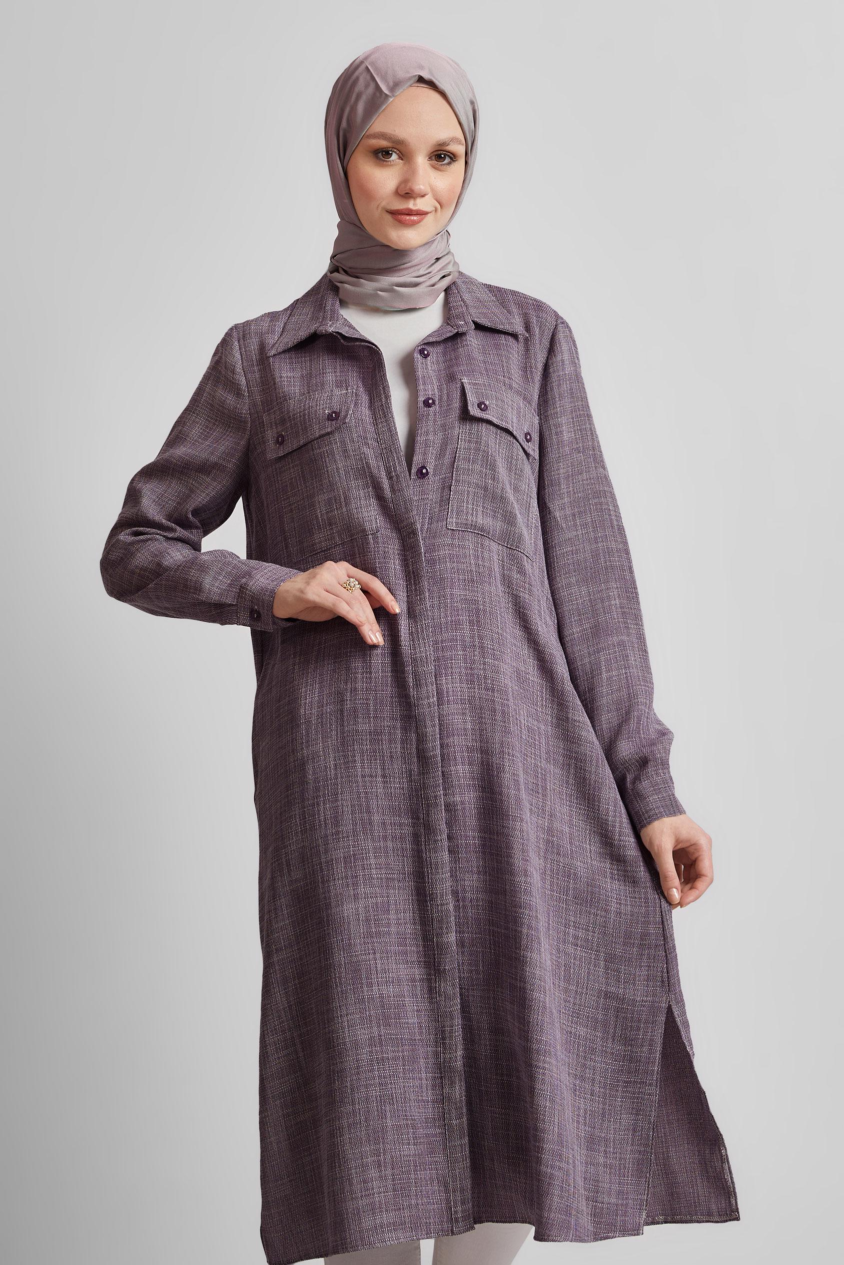 Tesettür giyim MOR GÖMLEK YAKA UZUN TUNİK 45346