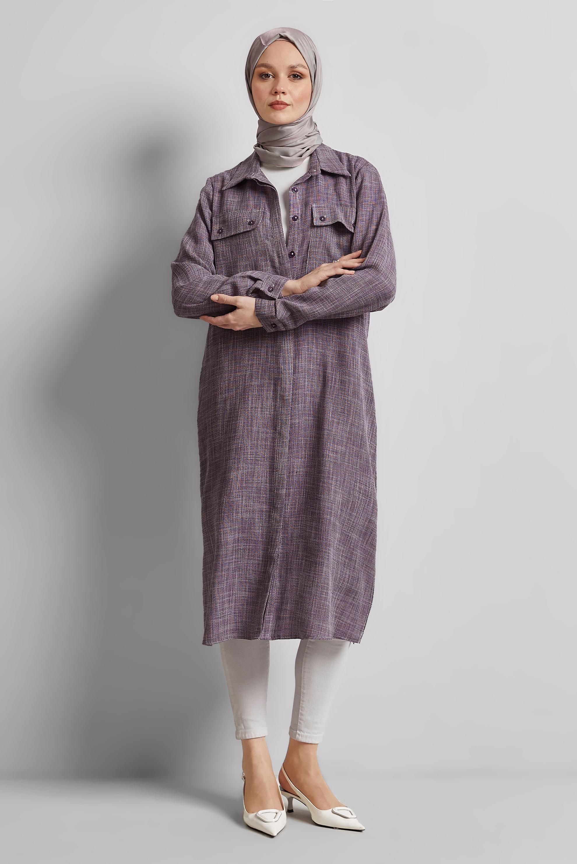 Tesettür giyim MOR GÖMLEK YAKA UZUN TUNİK 45346