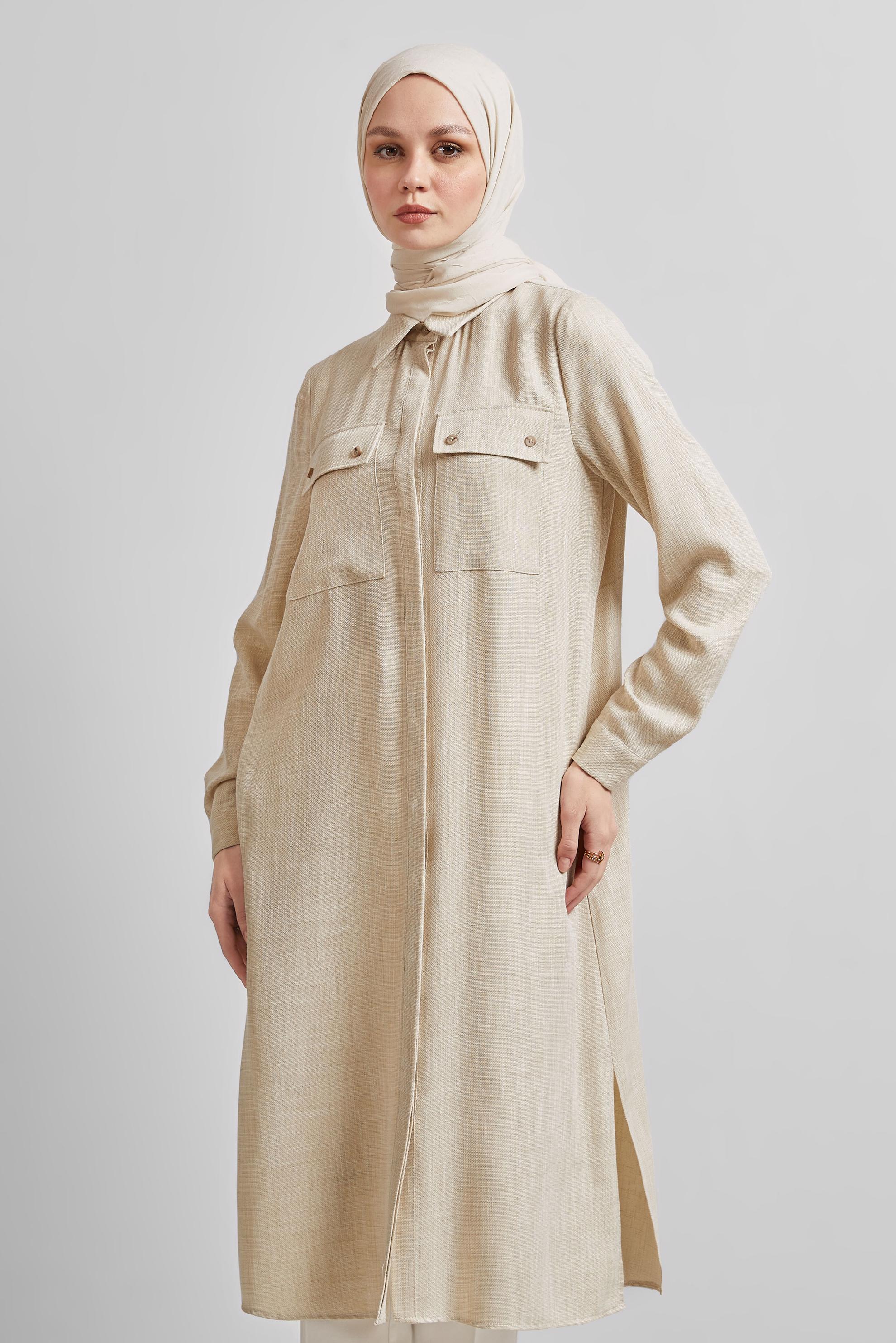 Tesettür giyim BEJ GÖMLEK YAKA UZUN TUNİK 45346