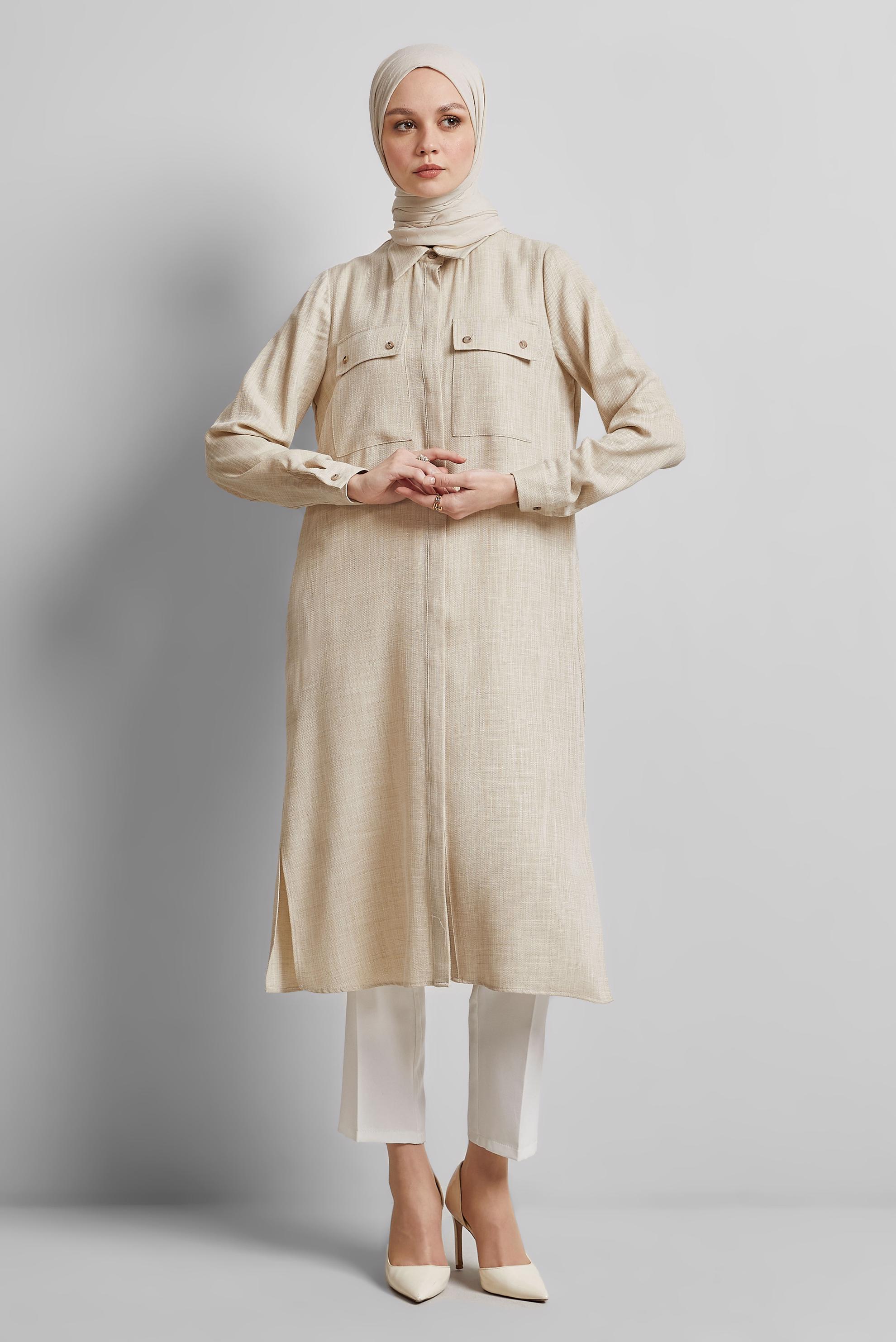 Tesettür giyim BEJ GÖMLEK YAKA UZUN TUNİK 45346