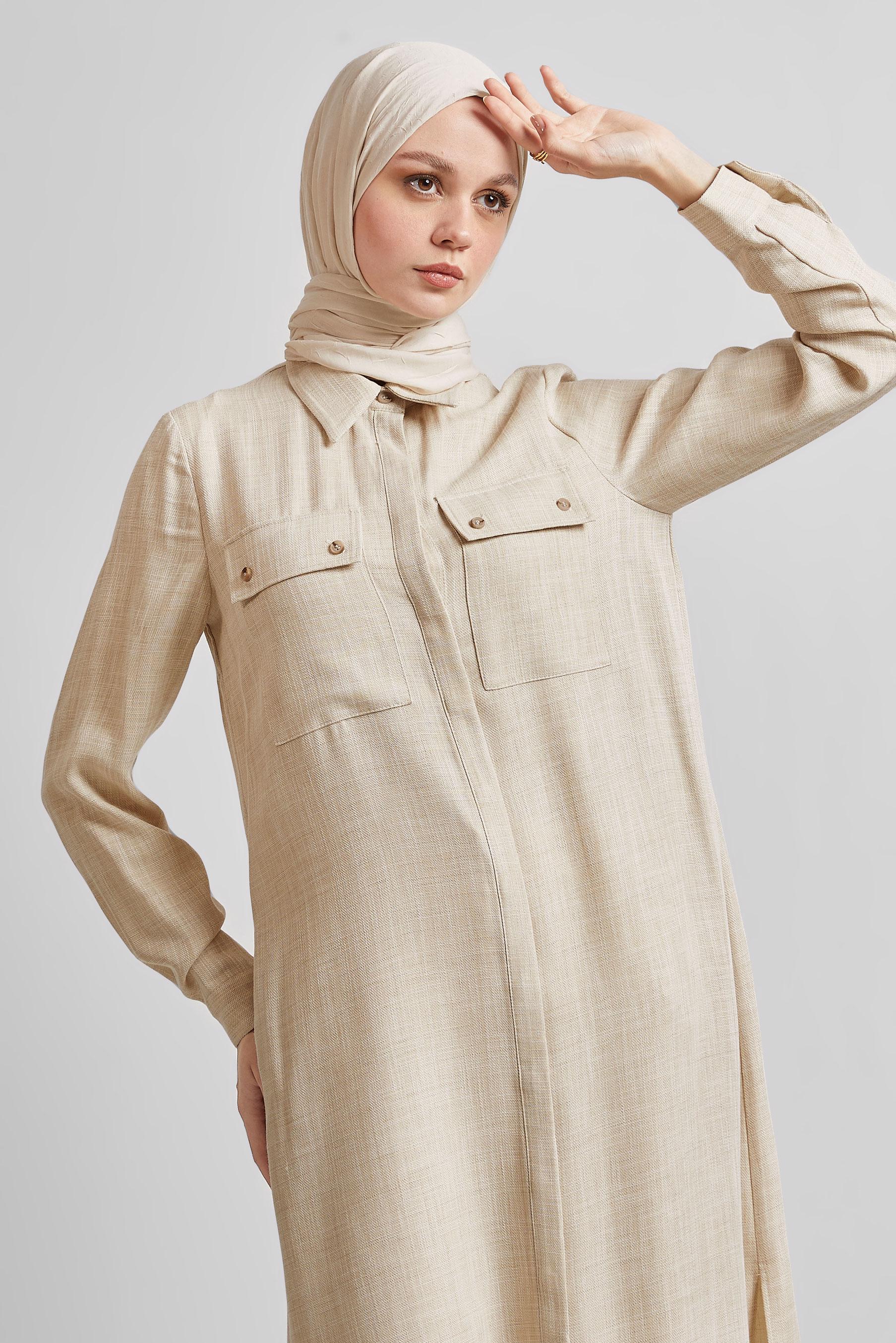 Tesettür giyim BEJ GÖMLEK YAKA UZUN TUNİK 45346