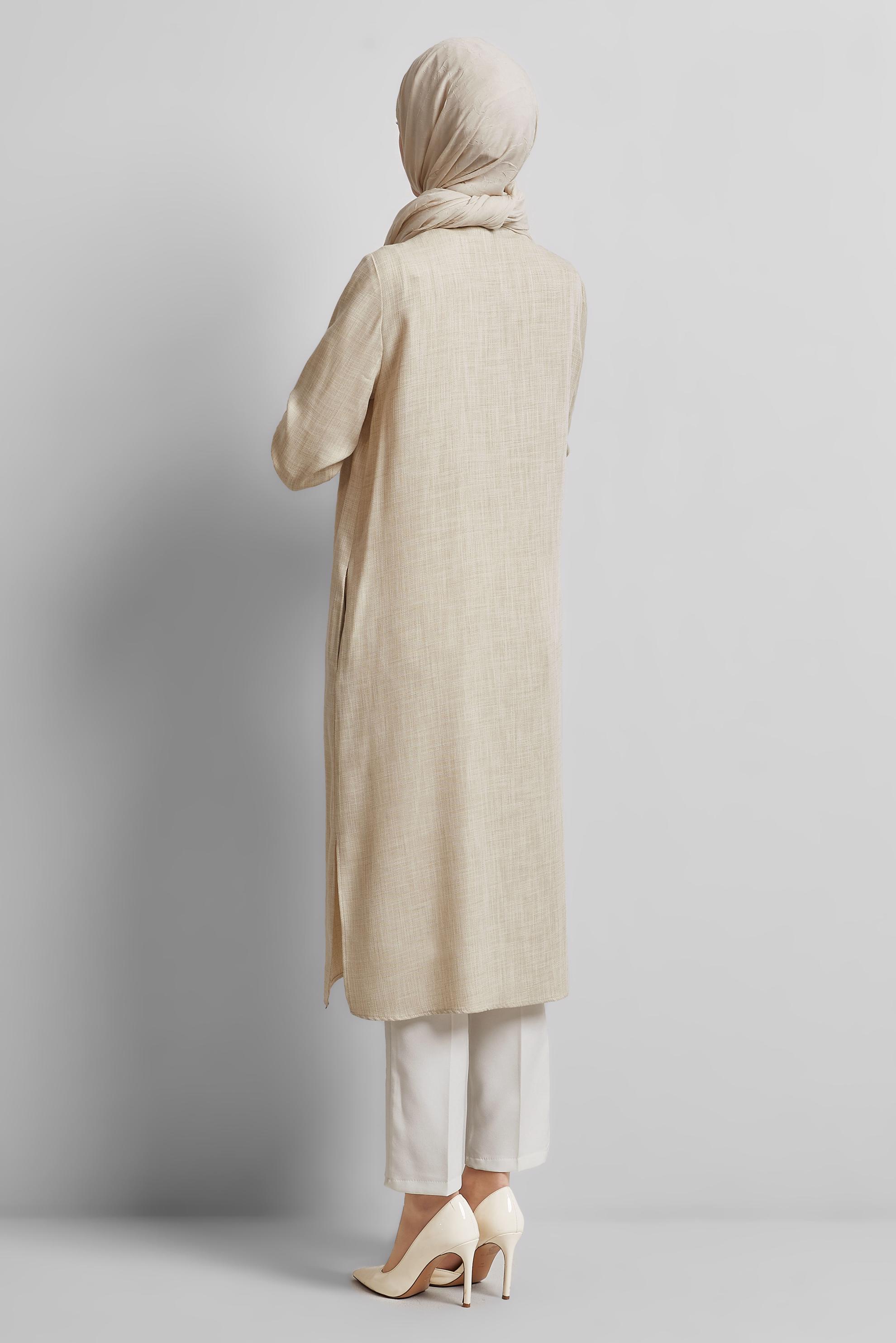 Tesettür giyim BEJ GÖMLEK YAKA UZUN TUNİK 45346