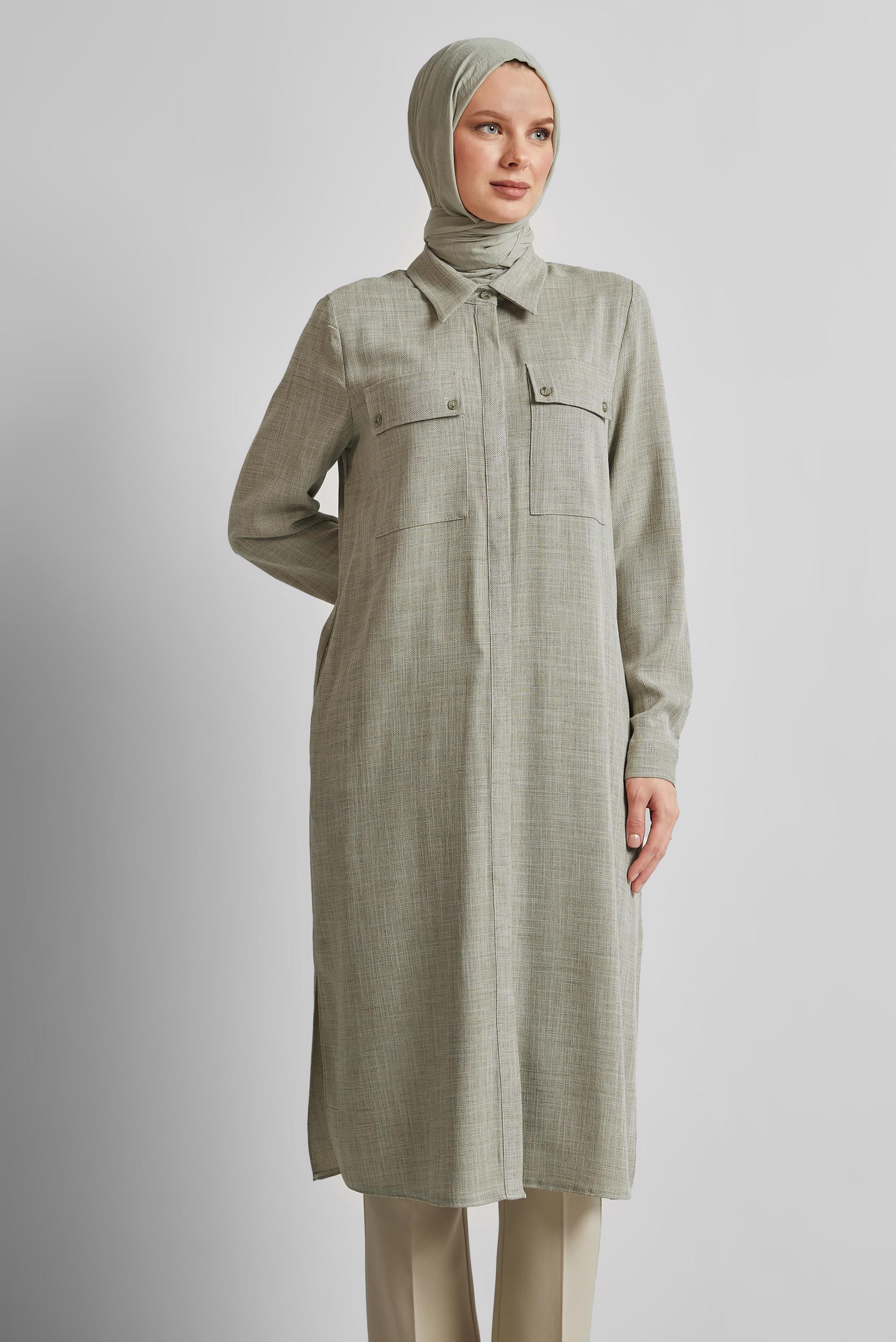 Tesettür giyim HAKİ GÖMLEK YAKA UZUN TUNİK 45346