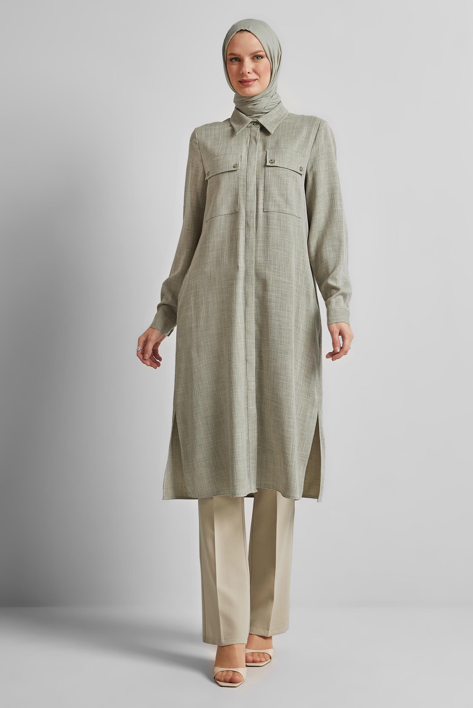 Tesettür giyim HAKİ GÖMLEK YAKA UZUN TUNİK 45346