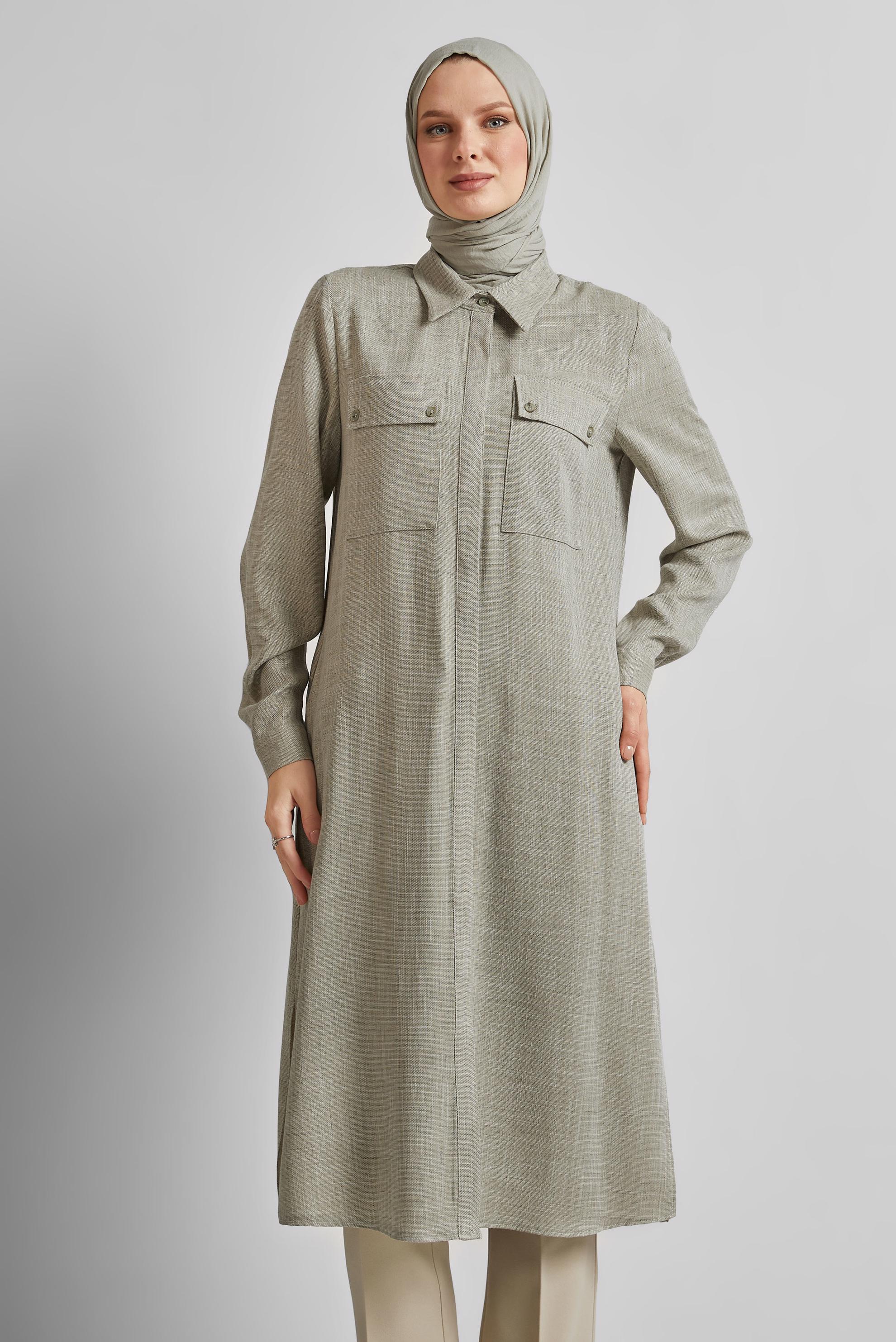 Tesettür giyim HAKİ GÖMLEK YAKA UZUN TUNİK 45346