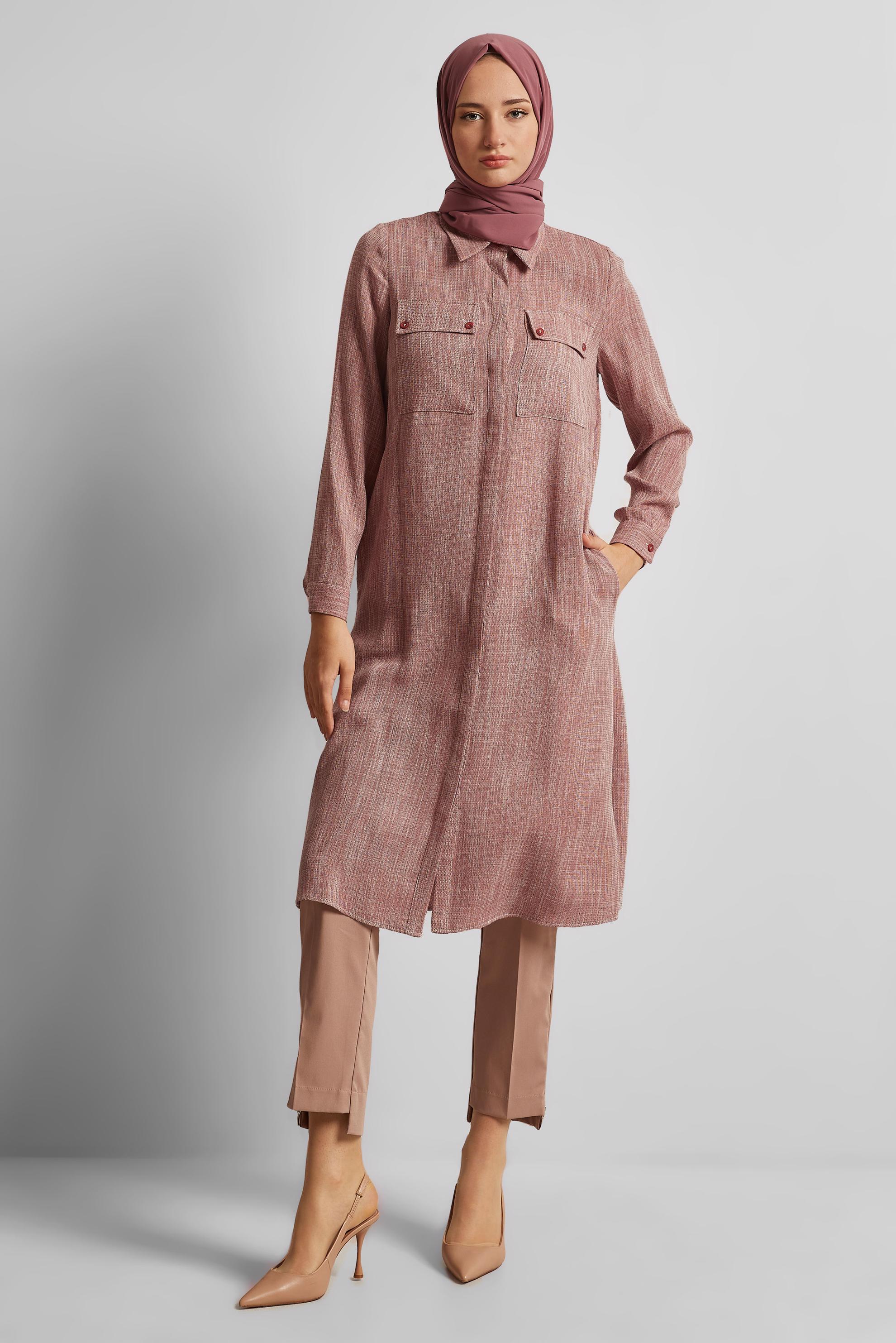 Tesettür giyim TURUNCU GÖMLEK YAKA UZUN TUNİK 45346