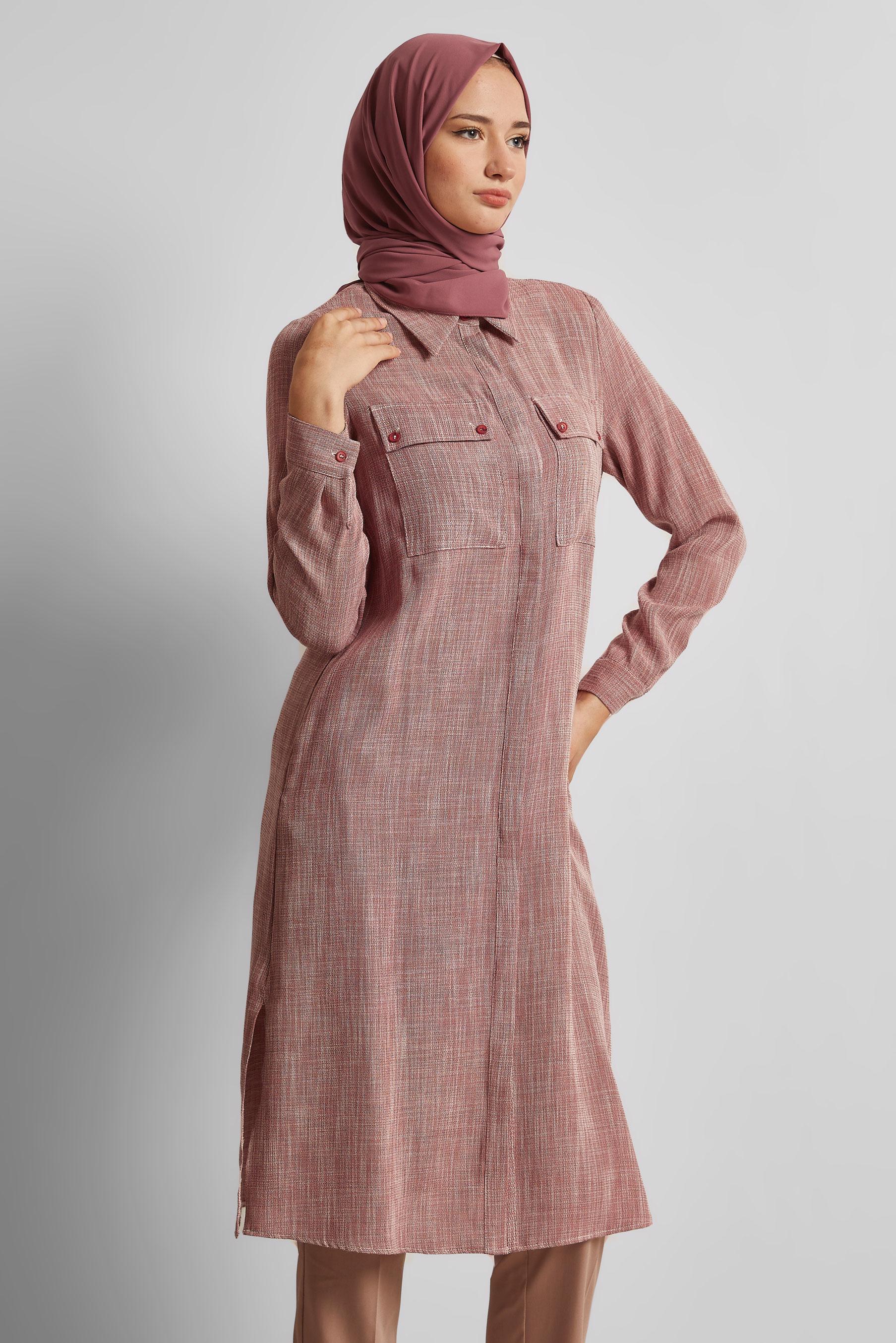 Tesettür giyim TURUNCU GÖMLEK YAKA UZUN TUNİK 45346