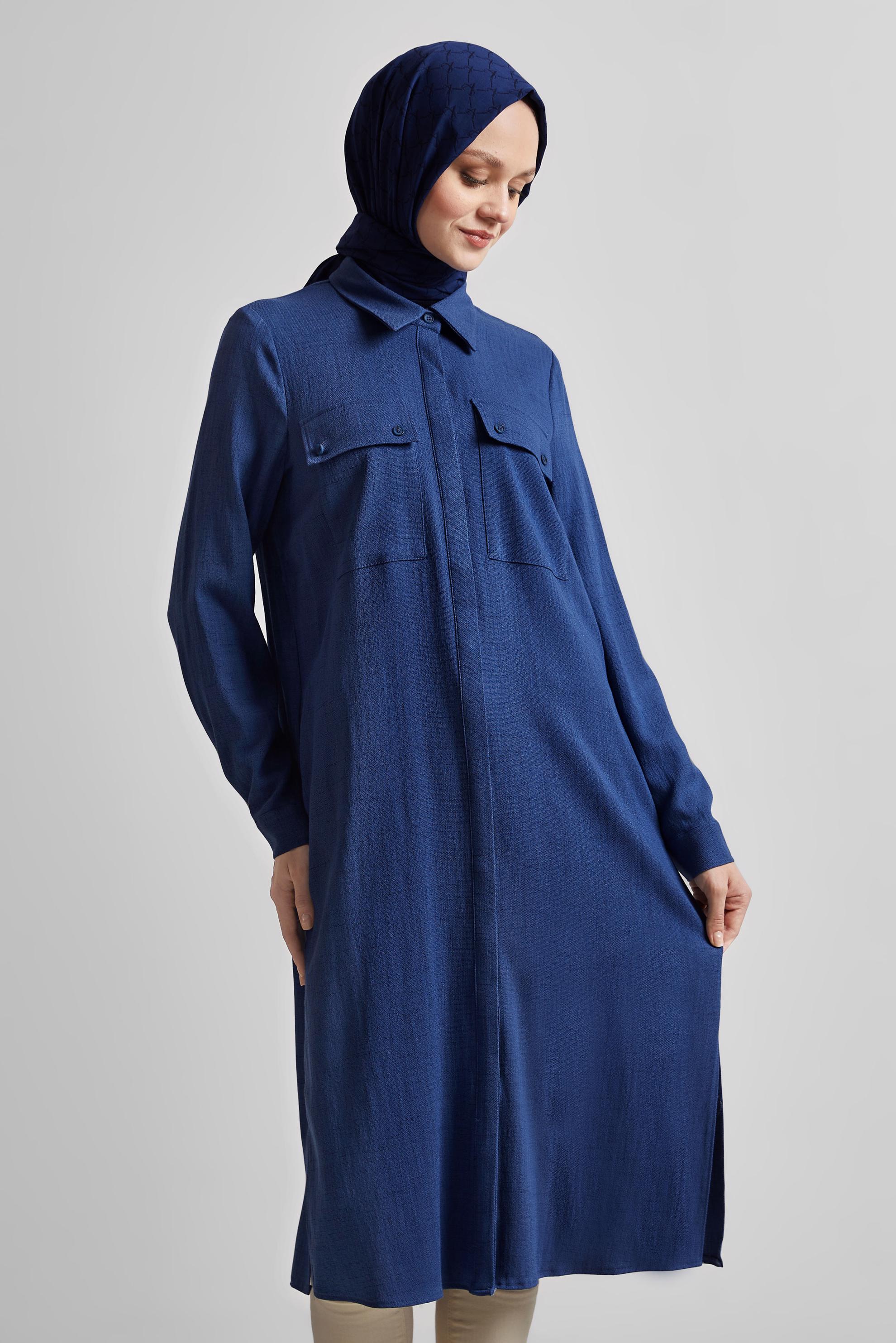 Tesettür giyim LACİVERT GÖMLEK YAKA UZUN TUNİK 45346