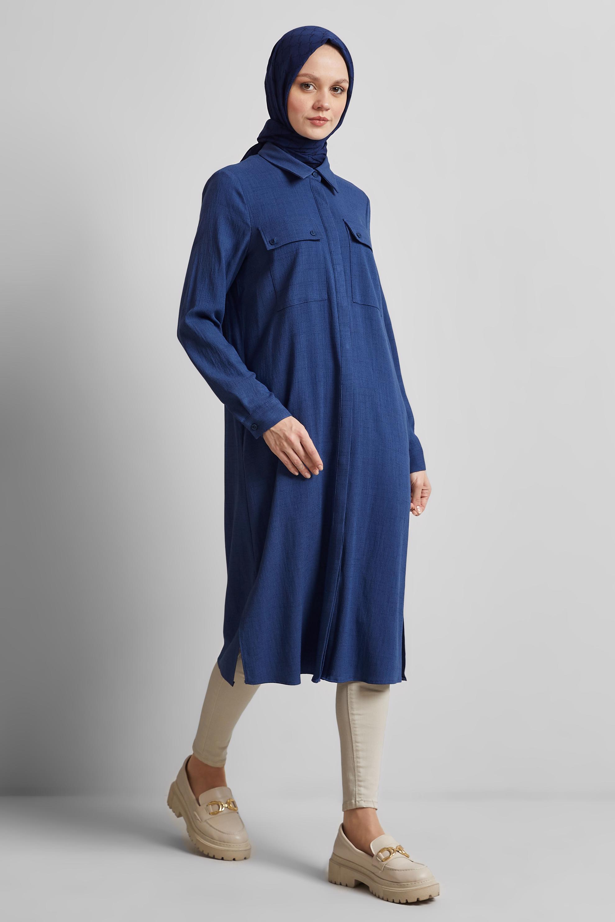 Tesettür giyim LACİVERT GÖMLEK YAKA UZUN TUNİK 45346
