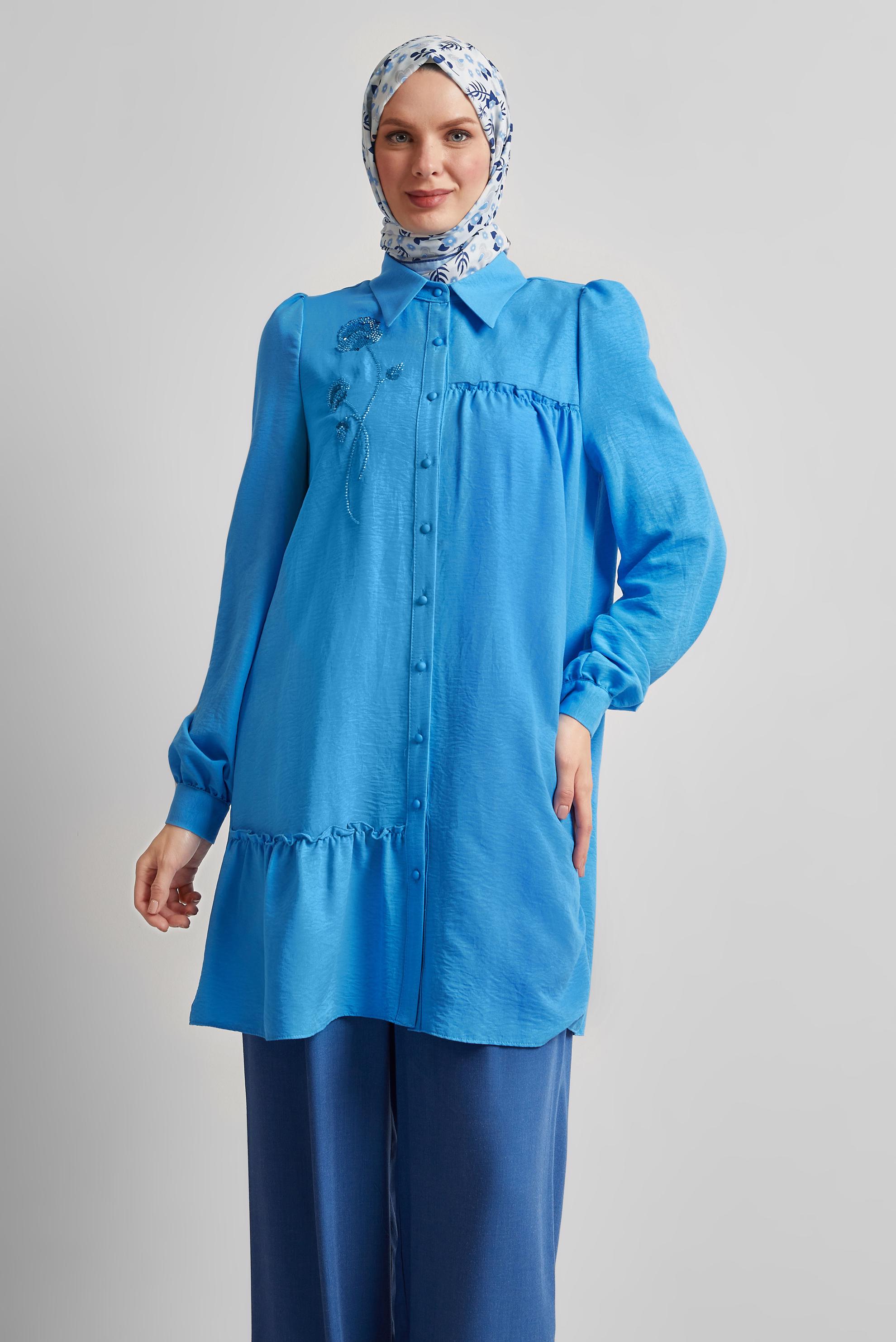 Tesettür giyim MAVİ İŞLEME DETAYLI TUNİK 45347