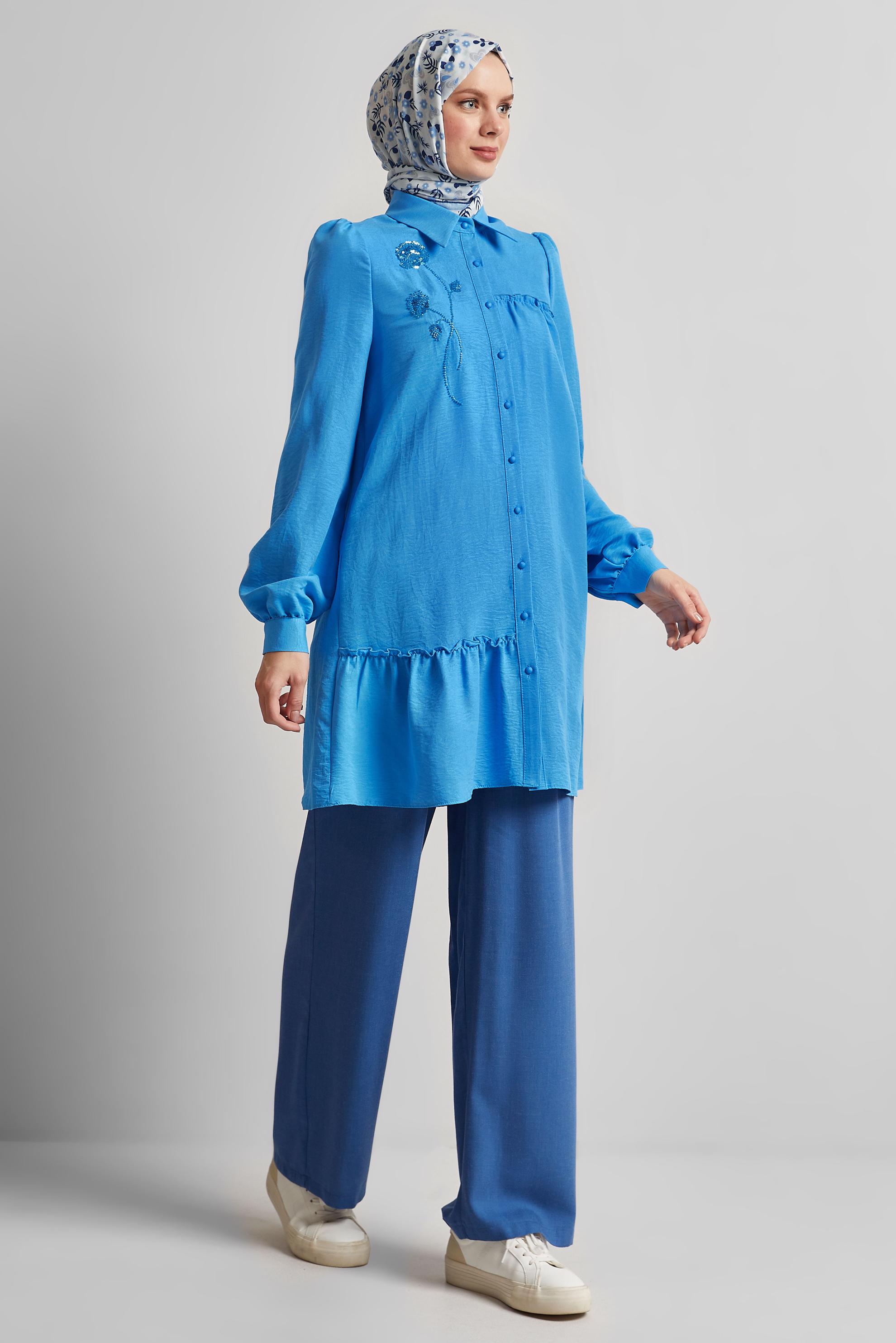 Tesettür giyim MAVİ İŞLEME DETAYLI TUNİK 45347