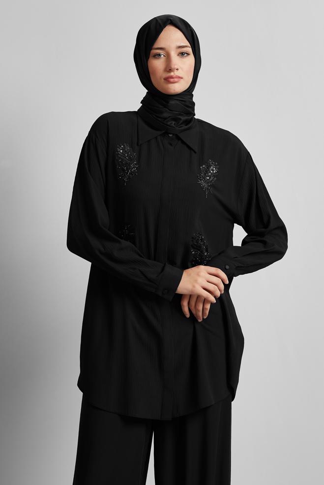 Tesettür giyim SİYAH PUL DETAYLI TUNİK 45350 - ALVİNA
