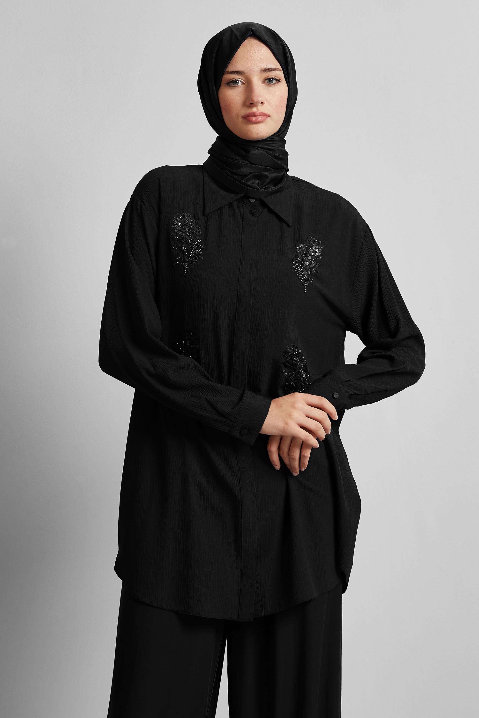 Tesettür giyim SİYAH PUL DETAYLI TUNİK 45350