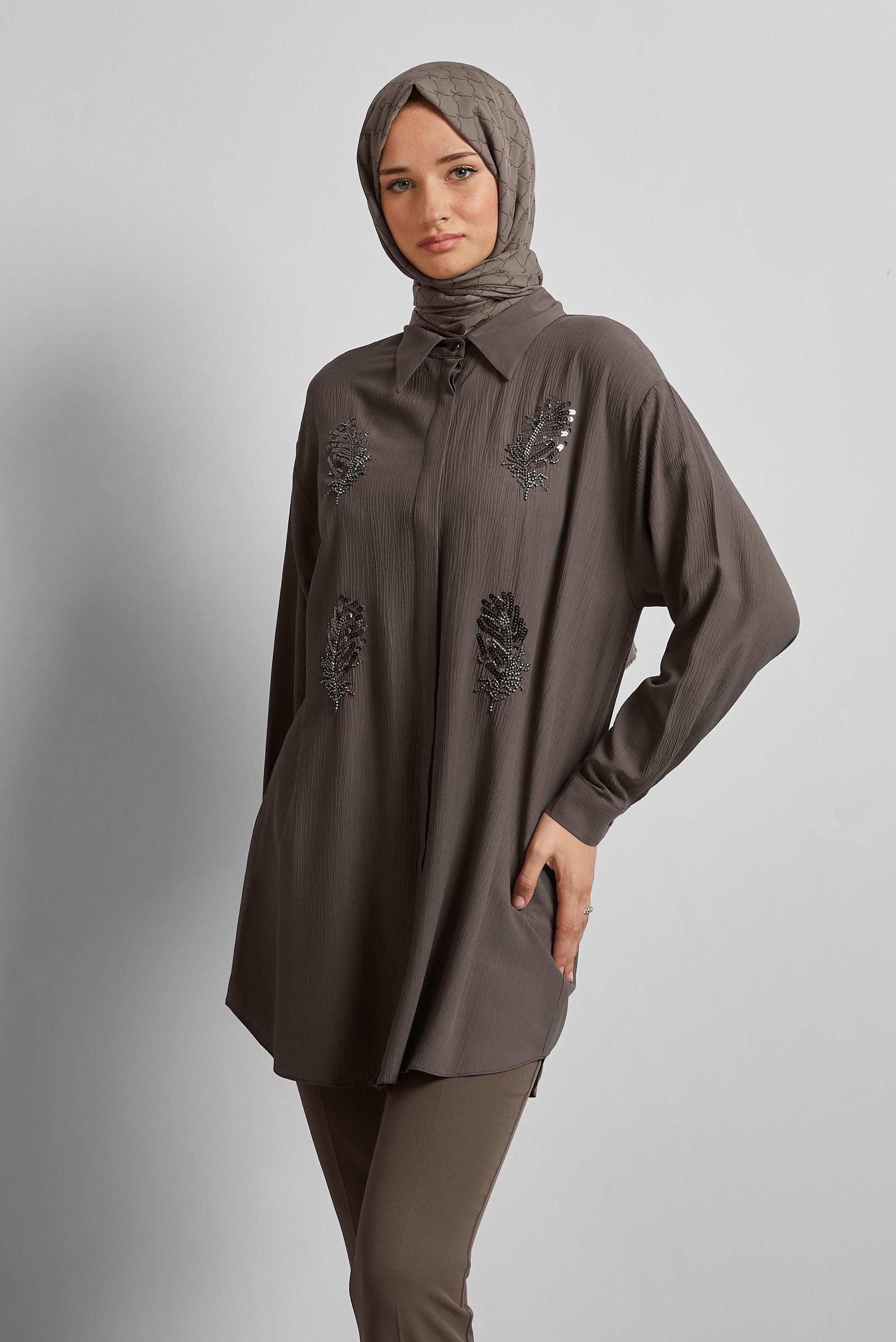 Tesettür giyim KAHVE PUL DETAYLI TUNİK 45350
